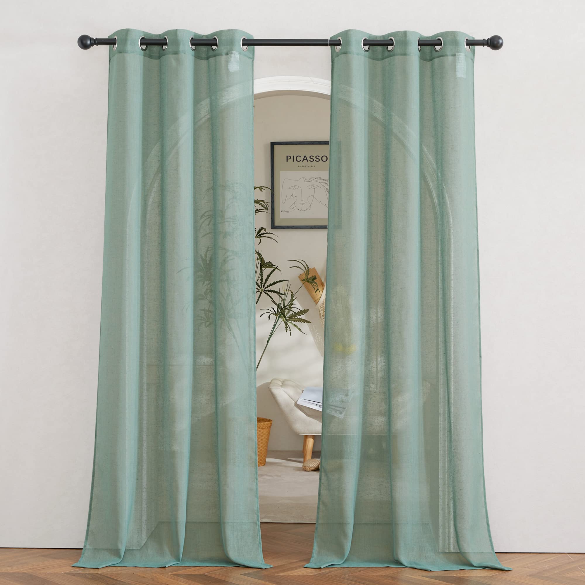 NICETOWN Semi Sheer Linen Curtains for Bedroom 84 inches Long, Grommet Privacy Vertical Farmhouse Window with Light Filtering for Living Room, Natural, W52 x L84, 2 Pieces