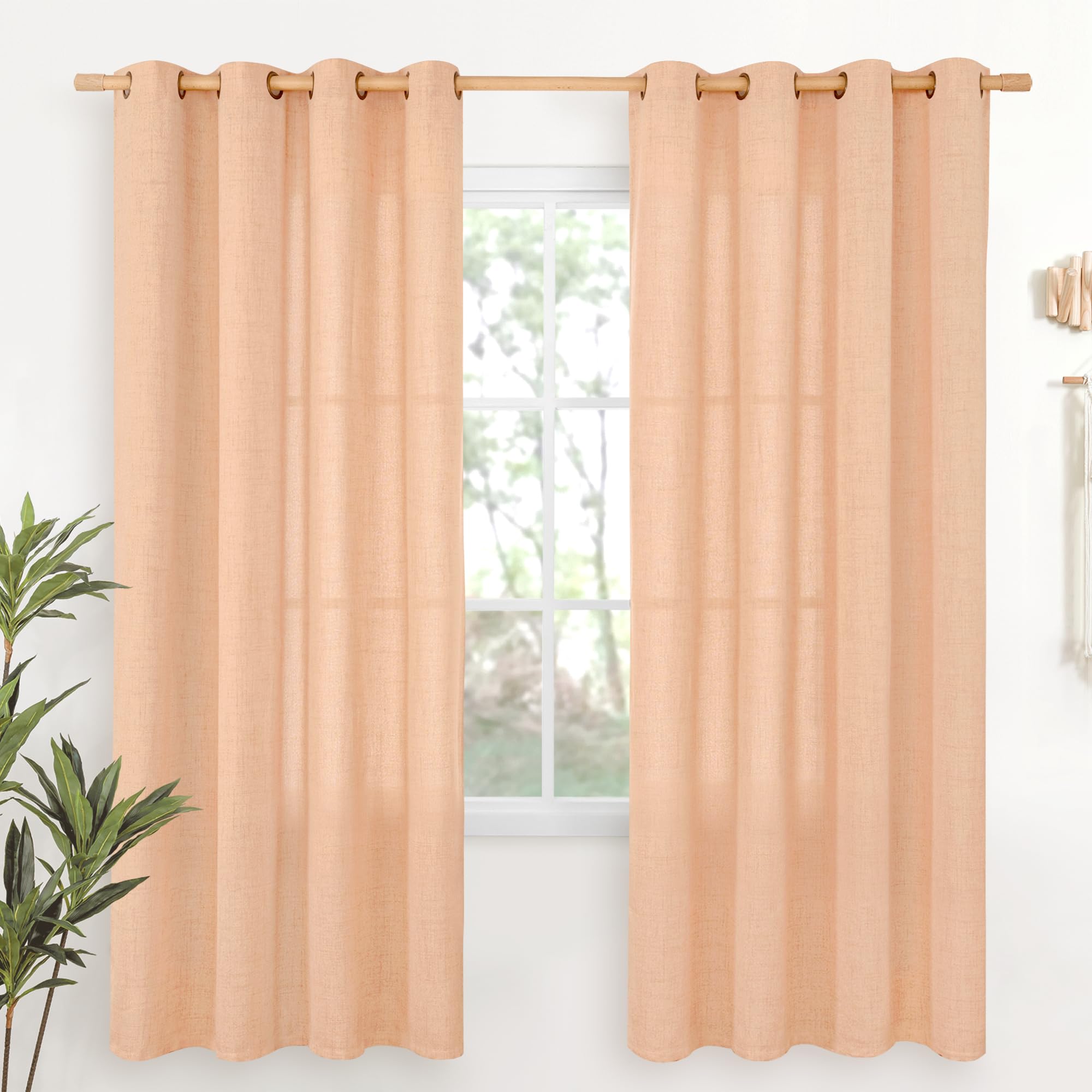 YoungsTex Linen Semi Sheer Curtains 63 Inch Length 2 Panels for Living Room - Light Filtering Drapes with Bronze Grommet Beige Window Treatments for Country Office Bedroom, 52 X 63 Inch