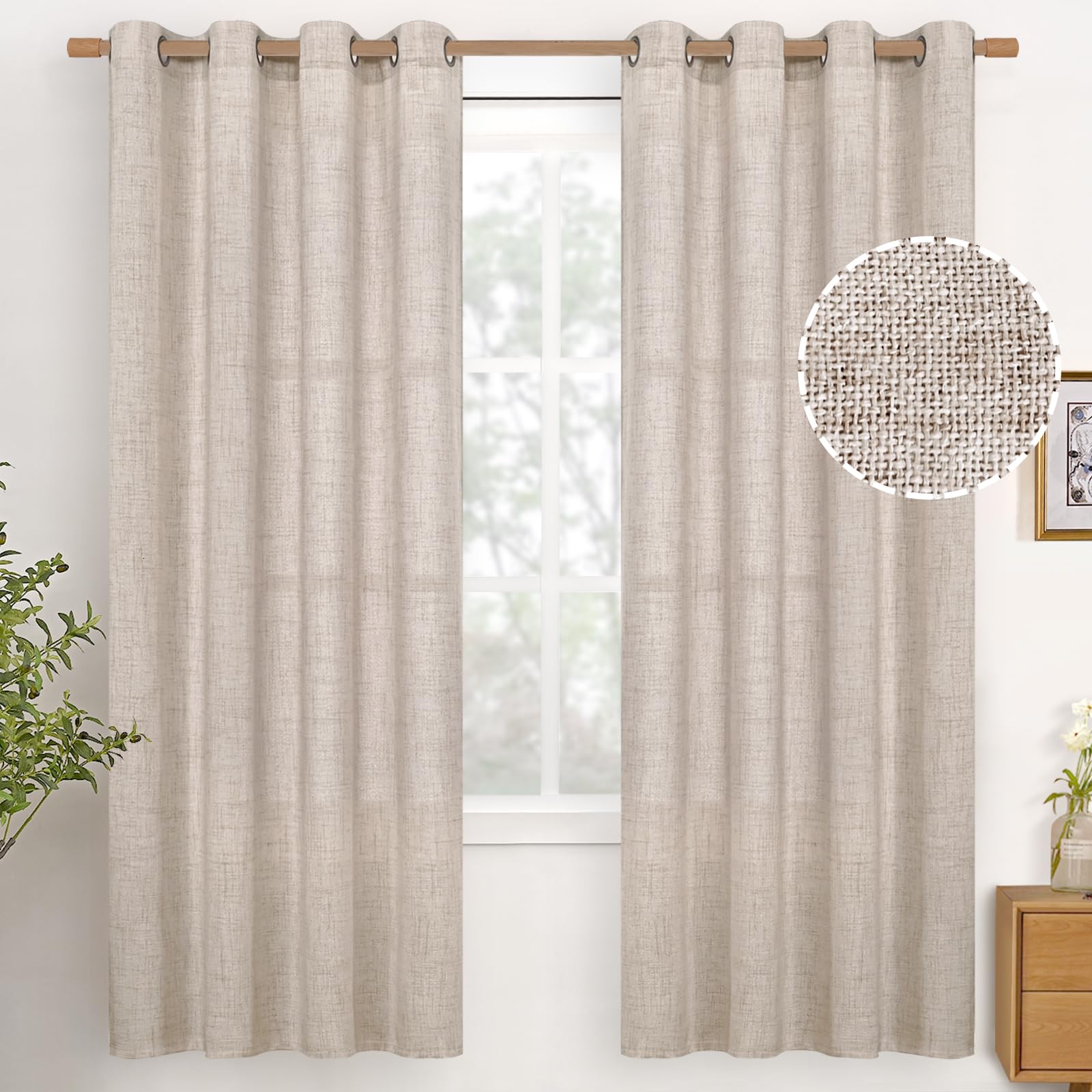 YoungsTex Linen Semi Sheer Curtains 63 Inch Length 2 Panels for Living Room - Light Filtering Drapes with Bronze Grommet Beige Window Treatments for Country Office Bedroom, 52 X 63 Inch