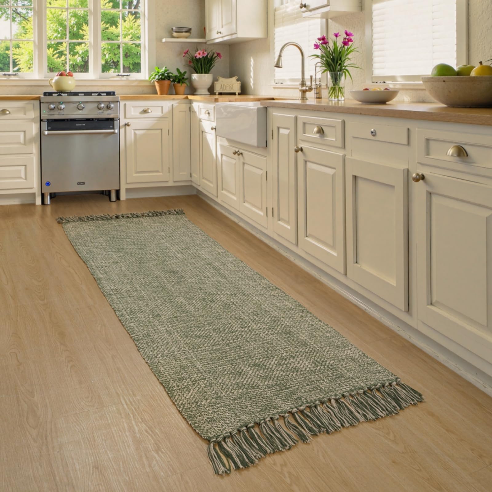 Collive Washable Area Rug 3' x 5', Modern Farmhouse Woven Kitchen Rugs, Tan/Cream Indoor Outddor Mat Braided Throw Carpet for Entryway Bedroom Nursery Laundry Living Room