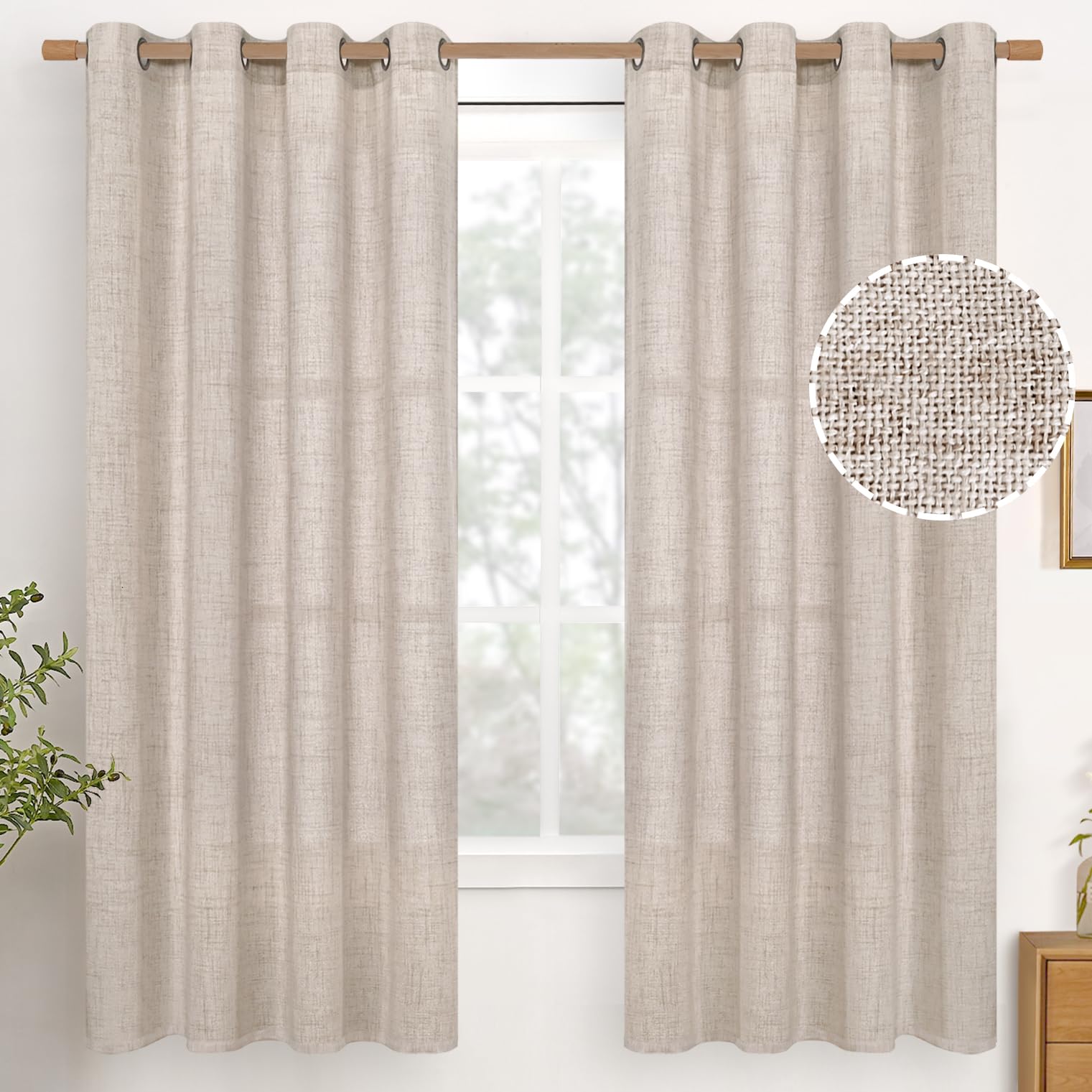 YoungsTex Linen Semi Sheer Curtains 63 Inch Length 2 Panels for Living Room - Light Filtering Drapes with Bronze Grommet Beige Window Treatments for Country Office Bedroom, 52 X 63 Inch