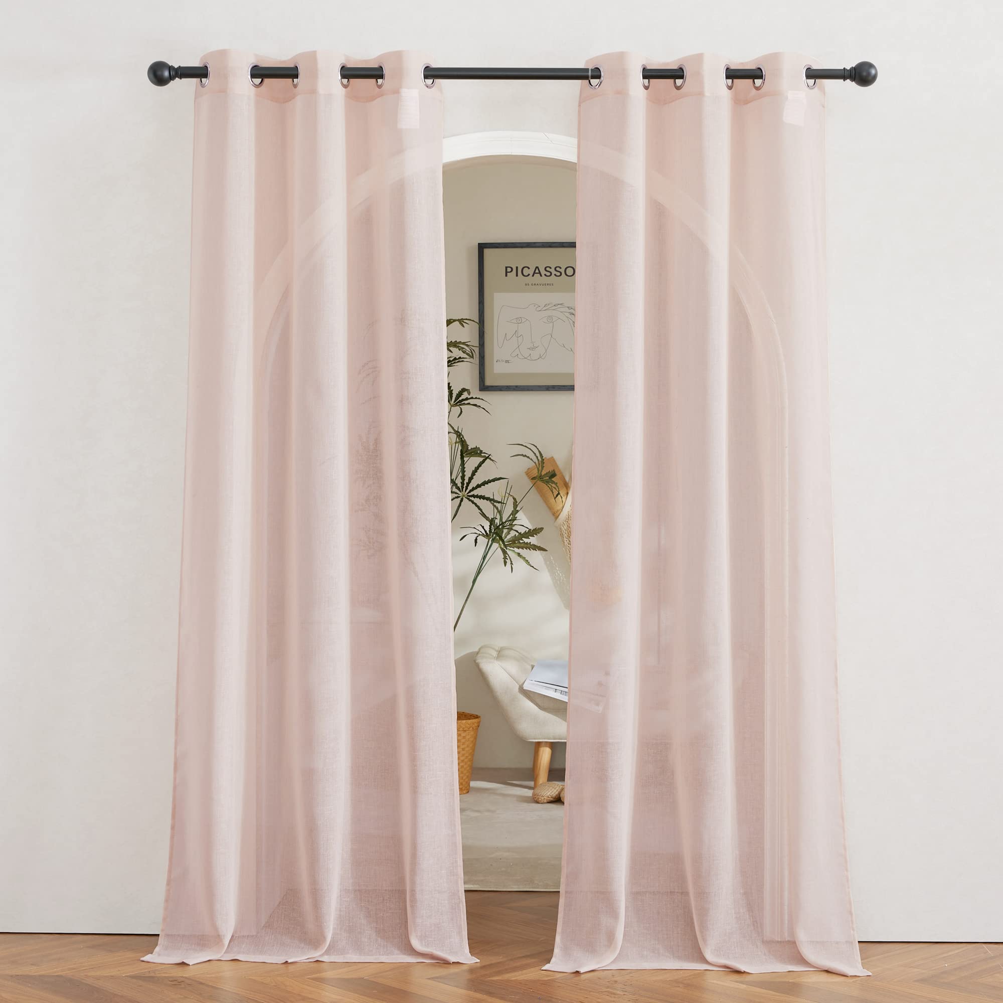 NICETOWN Semi Sheer Linen Curtains for Bedroom 84 inches Long, Grommet Privacy Vertical Farmhouse Window with Light Filtering for Living Room, Natural, W52 x L84, 2 Pieces