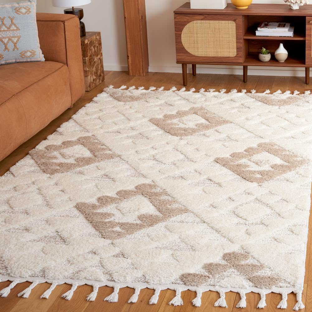 SAFAVIEH Area Rug 3x5 - Moroccan Tassel Shag Collection - Ivory, Non-Shedding & Easy to Clean, Plush High-Low Texture, Ideal for Living Room, Bedroom, Dining Space (MTS688C)