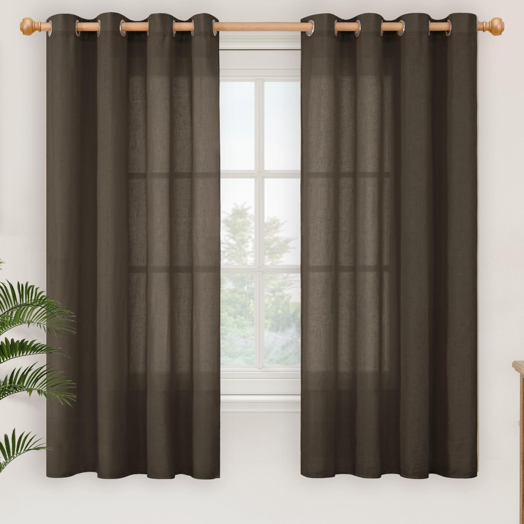 YoungsTex Linen Semi Sheer Curtains 63 Inch Length 2 Panels for Living Room - Light Filtering Drapes with Bronze Grommet Beige Window Treatments for Country Office Bedroom, 52 X 63 Inch