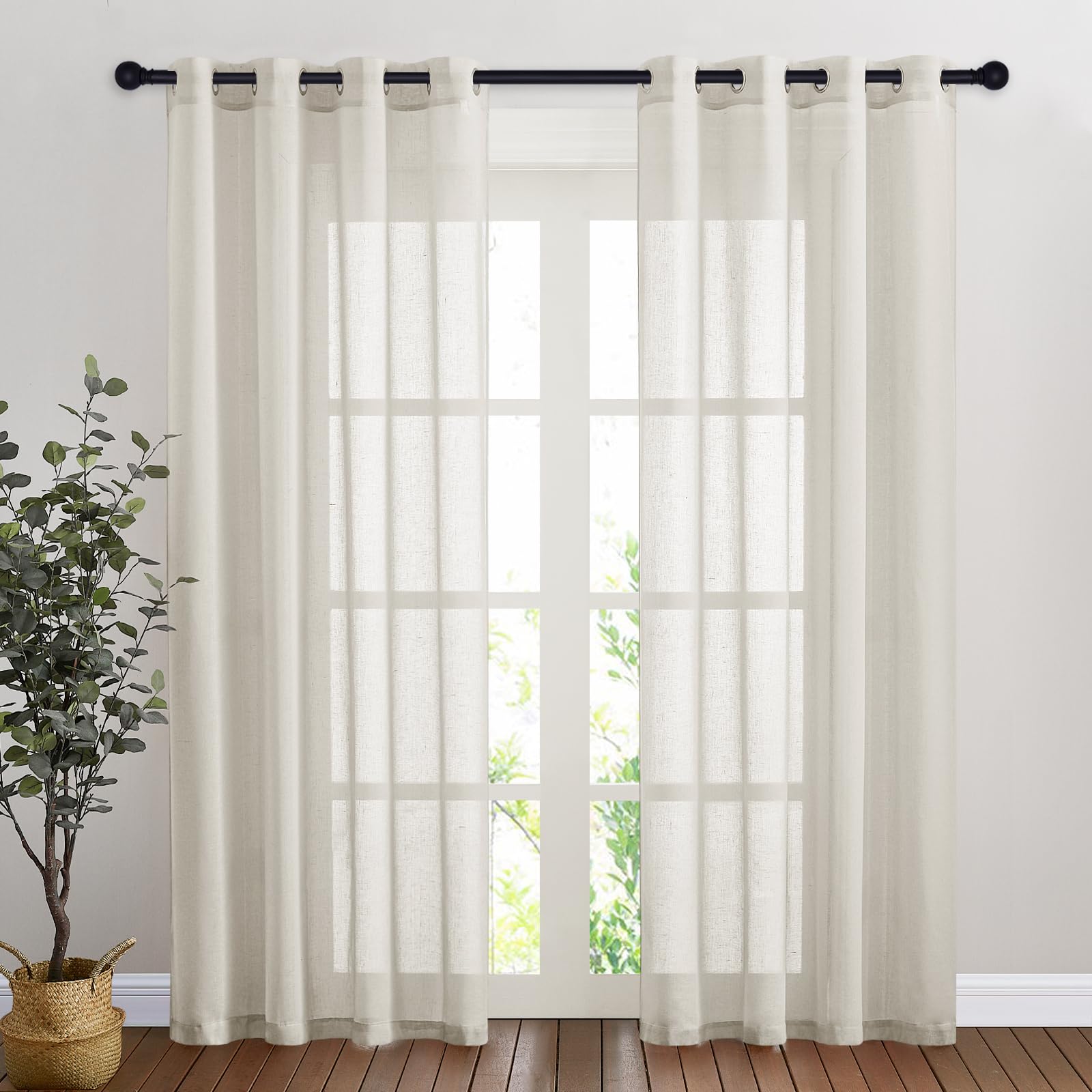 NICETOWN Semi Sheer Linen Curtains for Bedroom 84 inches Long, Grommet Privacy Vertical Farmhouse Window with Light Filtering for Living Room, Natural, W52 x L84, 2 Pieces
