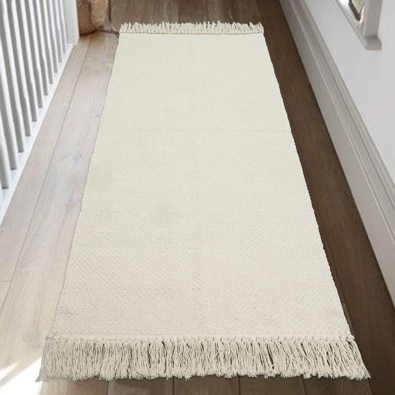Collive 4x6 Area Rug, Natural/Black Woven Cotton Washable Modern Bedroom Rugs, Boho Dining Room Door Rug Carpet with Tassel for Living Room Nursery Room Office, Outdoor Rug for Patio Hallway Decor