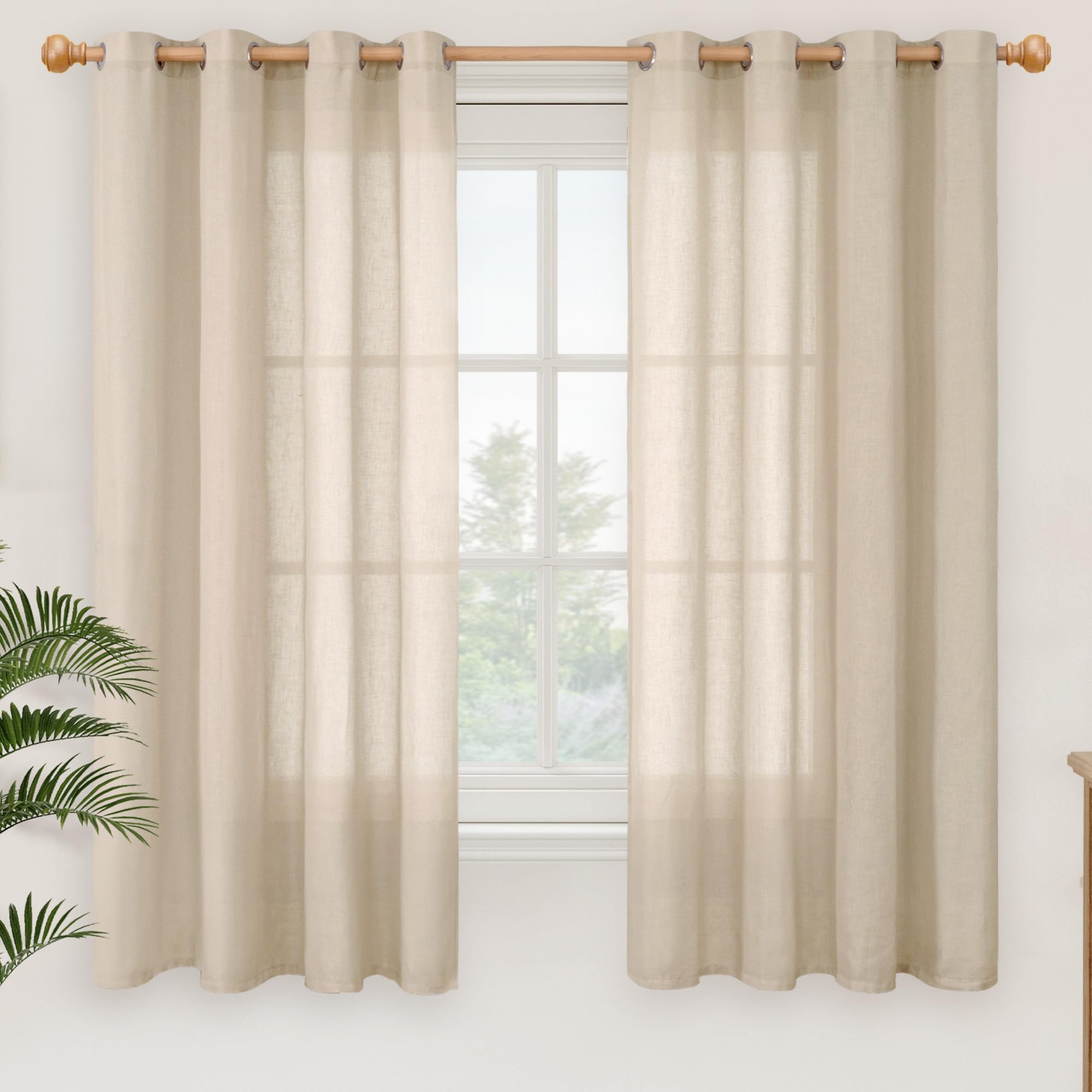 YoungsTex Linen Semi Sheer Curtains 63 Inch Length 2 Panels for Living Room - Light Filtering Drapes with Bronze Grommet Beige Window Treatments for Country Office Bedroom, 52 X 63 Inch