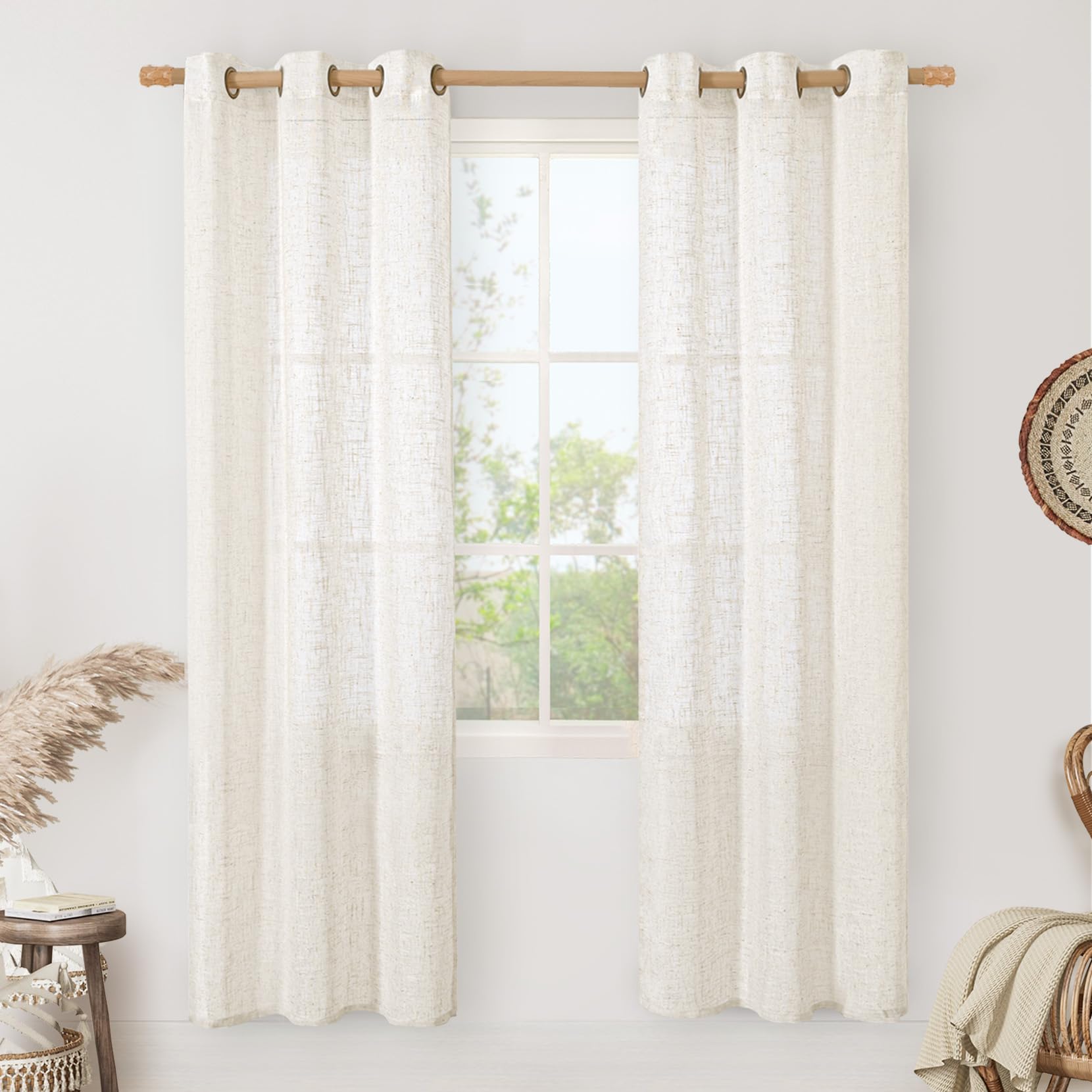 LAMIT Natural Ivory Linen Semi Sheer Curtains 84 inch Length, Cream Light Filtering Soft Thick Neutral Living Room Drapes with Bronze Grommet for Bedroom/Farmhouse, 2 Panels, 52 x 84 Inch