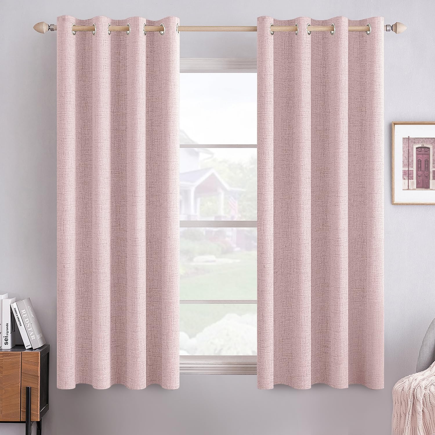 MIULEE 100% Blackout Linen Textured Curtains for Bedroom Solid Thermal Insulated Cream Grommet Room Darkening Curtains & Drapes Luxury Decor for Living Room Nursery 52 x 84 Inch (2 Panels)