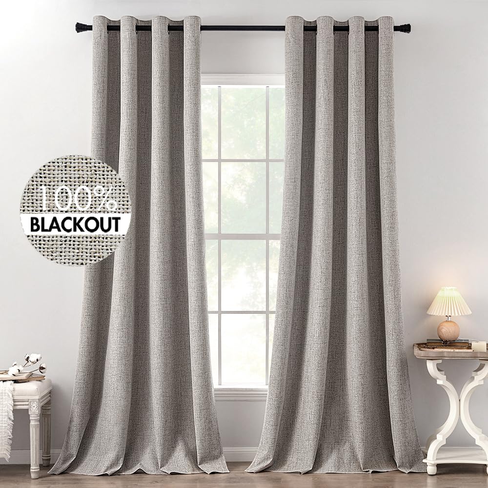 MIULEE 100% Blackout Linen Textured Curtains for Bedroom Solid Thermal Insulated Natural Beige Grommet Room Darkening Curtains & Drapes Luxury Decor for Living Room Nursery 52 x 96 Inch (2 Panels)