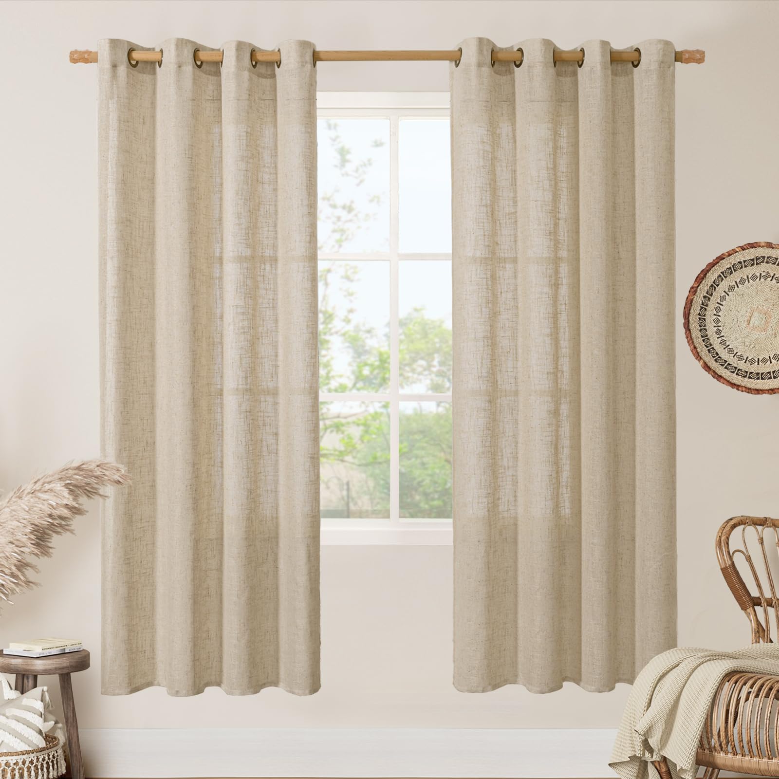 LAMIT Natural Ivory Linen Semi Sheer Curtains 84 inch Length, Cream Light Filtering Soft Thick Neutral Living Room Drapes with Bronze Grommet for Bedroom/Farmhouse, 2 Panels, 52 x 84 Inch