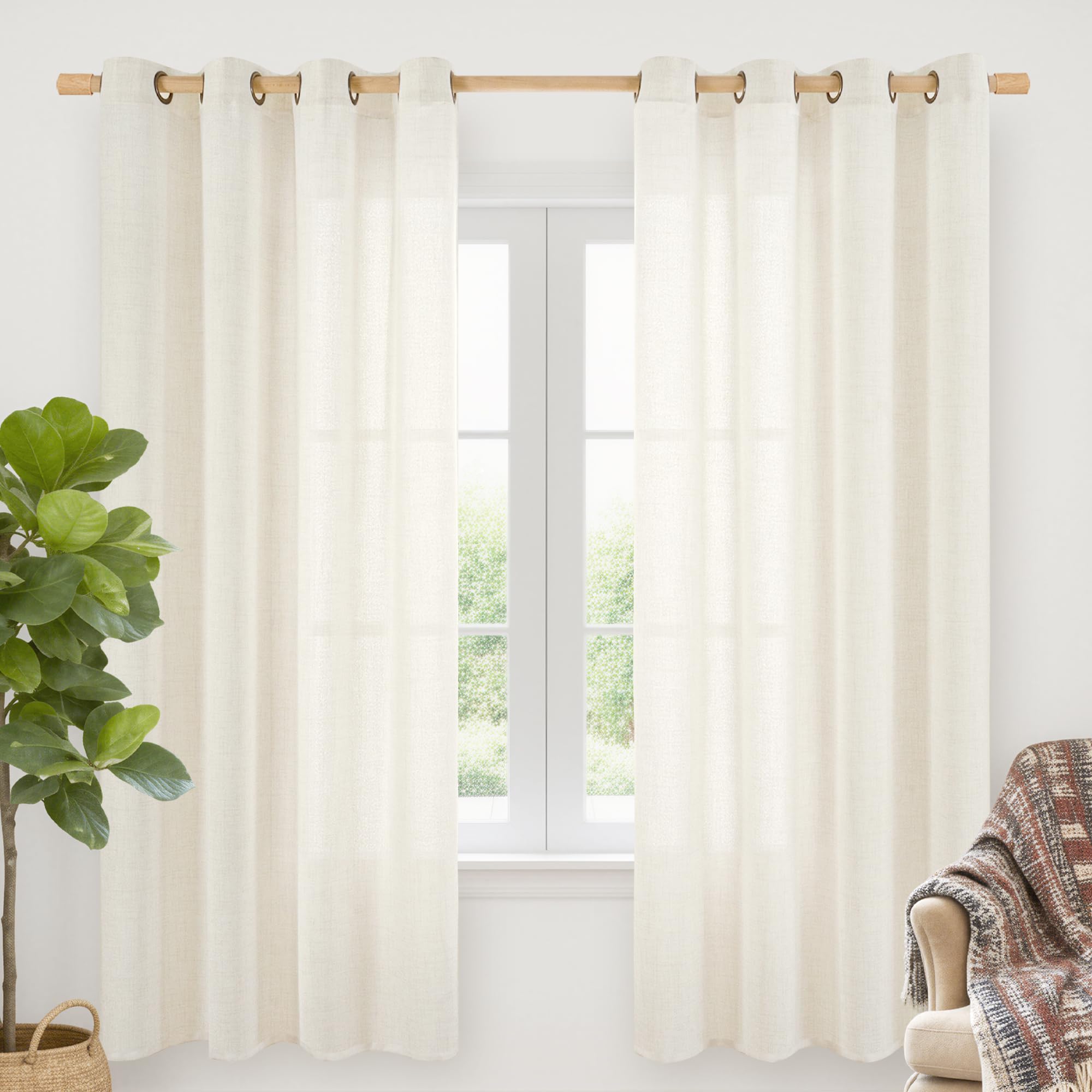 YoungsTex Linen Semi Sheer Curtains 63 Inch Length 2 Panels for Living Room - Light Filtering Drapes with Bronze Grommet Beige Window Treatments for Country Office Bedroom, 52 X 63 Inch