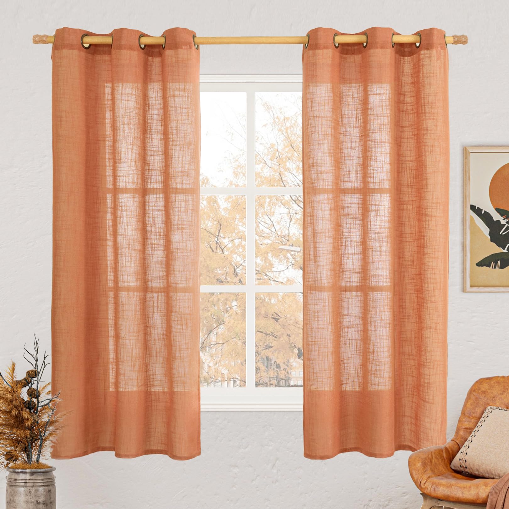 LAMIT Natural Ivory Linen Semi Sheer Curtains 84 inch Length, Cream Light Filtering Soft Thick Neutral Living Room Drapes with Bronze Grommet for Bedroom/Farmhouse, 2 Panels, 52 x 84 Inch