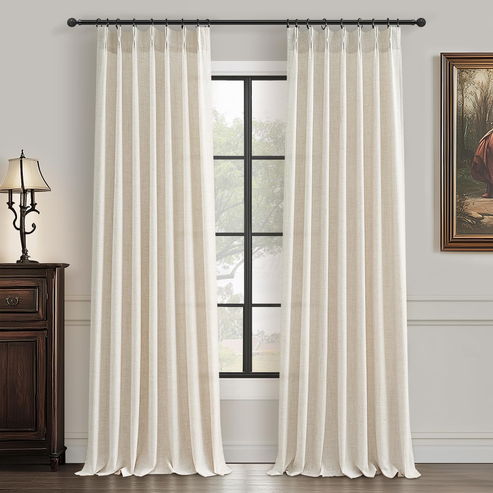 Pinch Pleated Linen Curtains 96 Inches Long for Living Room Bedroom, Light Filtering Boho Window Drape 96 inch 2 Panels Burgs with Hooks&Rings 8ft Cream Birch Sliding Glass Door Sheer Curtain Decor