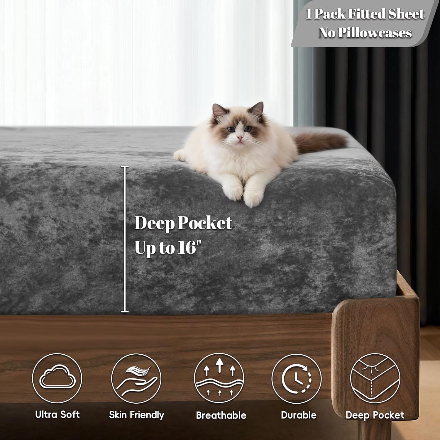 PHF Truly Velvet Fitted Sheet Only Queen Size, Luxury Super Soft Cozy Fuzzy Fleece Bottom Sheet with Deep Pocket Up to 16",Suitable for Fall Winter Spring, No Pillowcases, Charcoal/Dark Grey