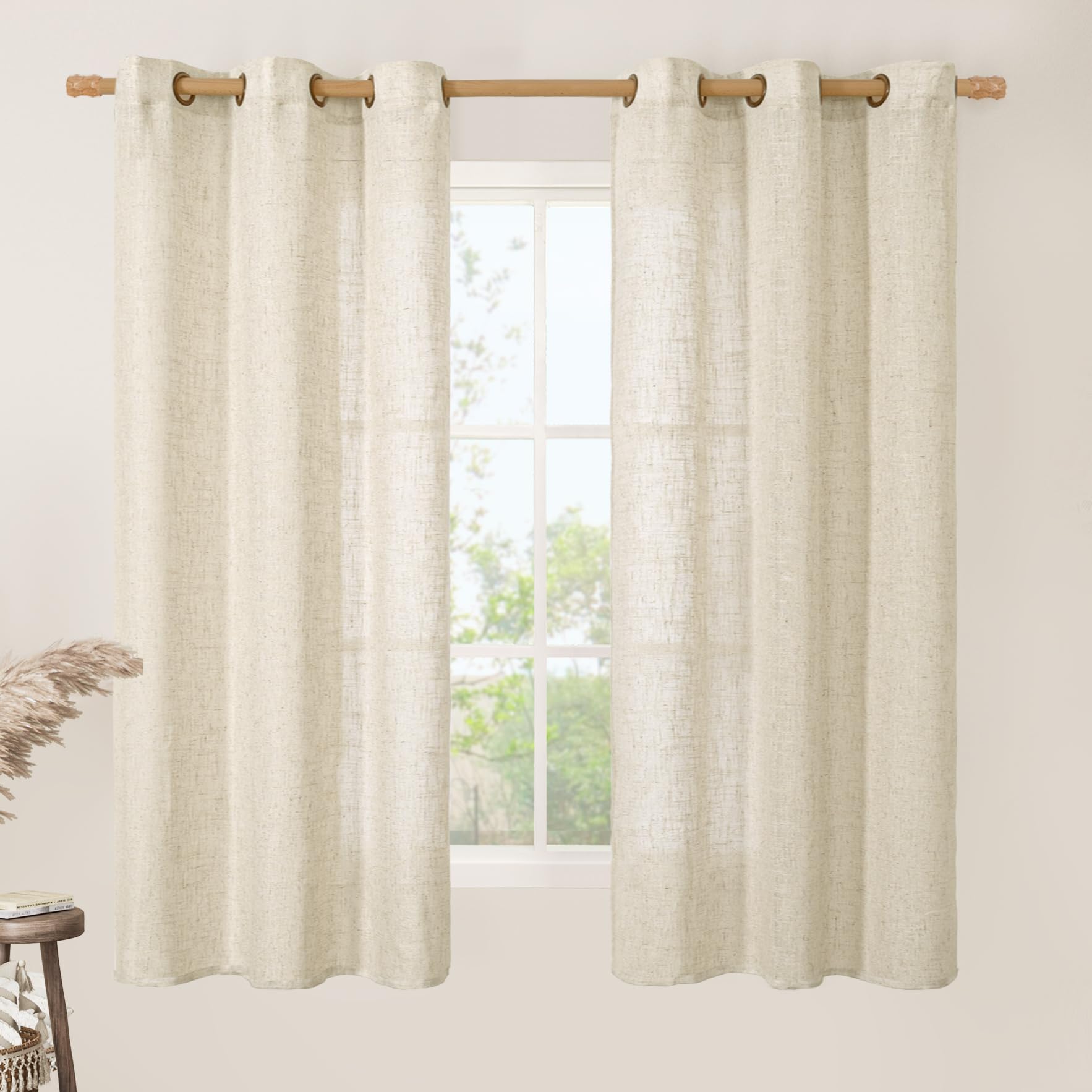 LAMIT Natural Ivory Linen Semi Sheer Curtains 84 inch Length, Cream Light Filtering Soft Thick Neutral Living Room Drapes with Bronze Grommet for Bedroom/Farmhouse, 2 Panels, 52 x 84 Inch