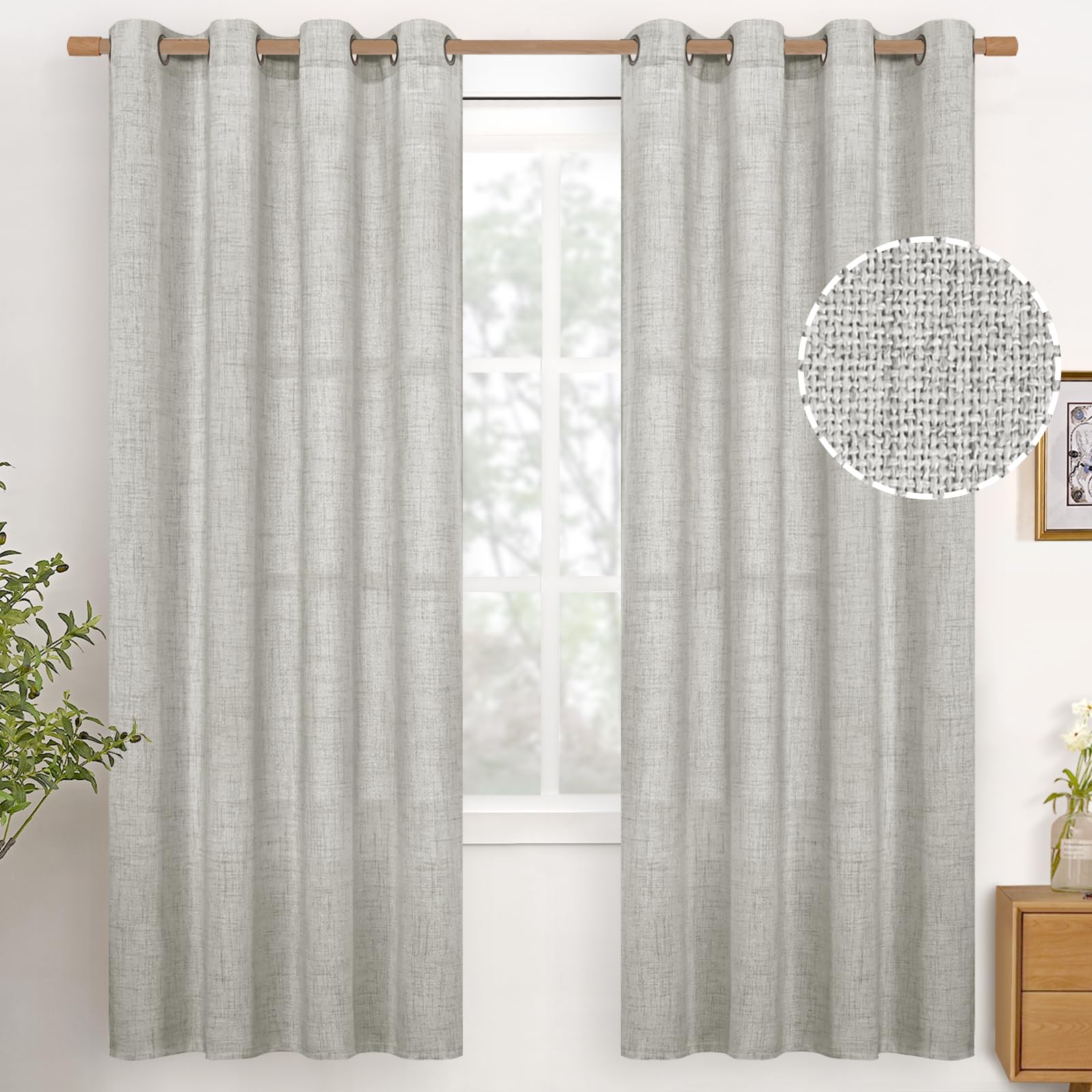YoungsTex Linen Semi Sheer Curtains 63 Inch Length 2 Panels for Living Room - Light Filtering Drapes with Bronze Grommet Beige Window Treatments for Country Office Bedroom, 52 X 63 Inch