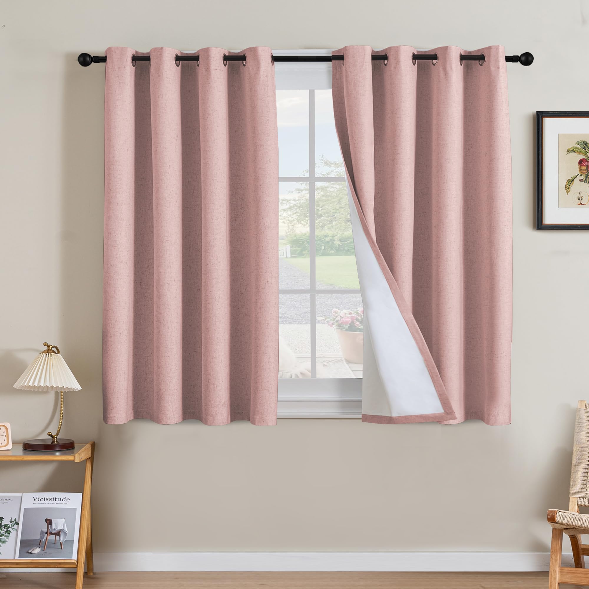 H.VERSAILTEX Linen 100% Blackout Curtains for Bedroom Full Light Blocking Curtains, Textured Window Curtain for Living Room 84 inch Grommet, Energy Efficient Curtains White Liner(2 Panels, Natural)