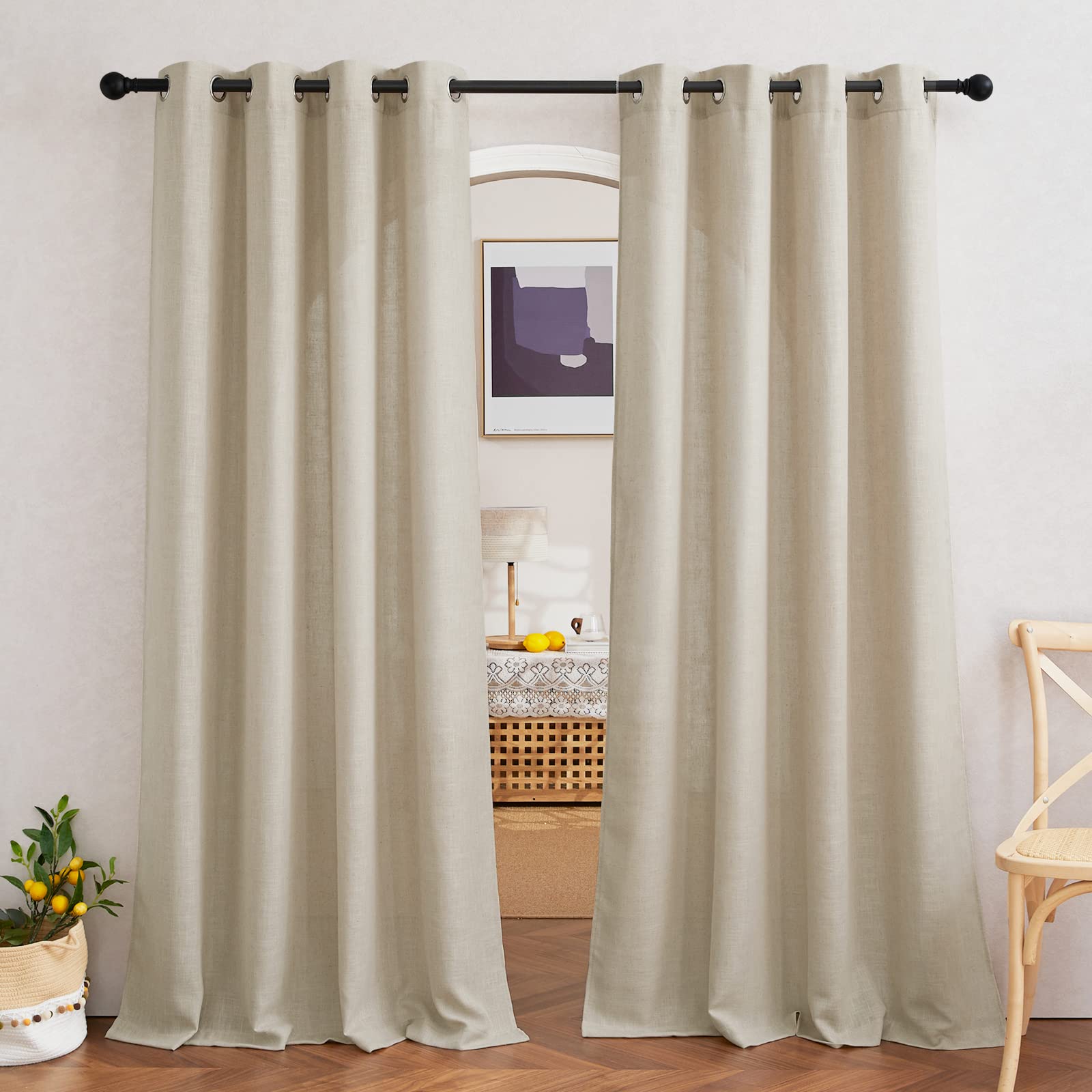 NICETOWN Semi Sheer Linen Curtains for Bedroom 84 inches Long, Grommet Privacy Vertical Farmhouse Window with Light Filtering for Living Room, Natural, W52 x L84, 2 Pieces