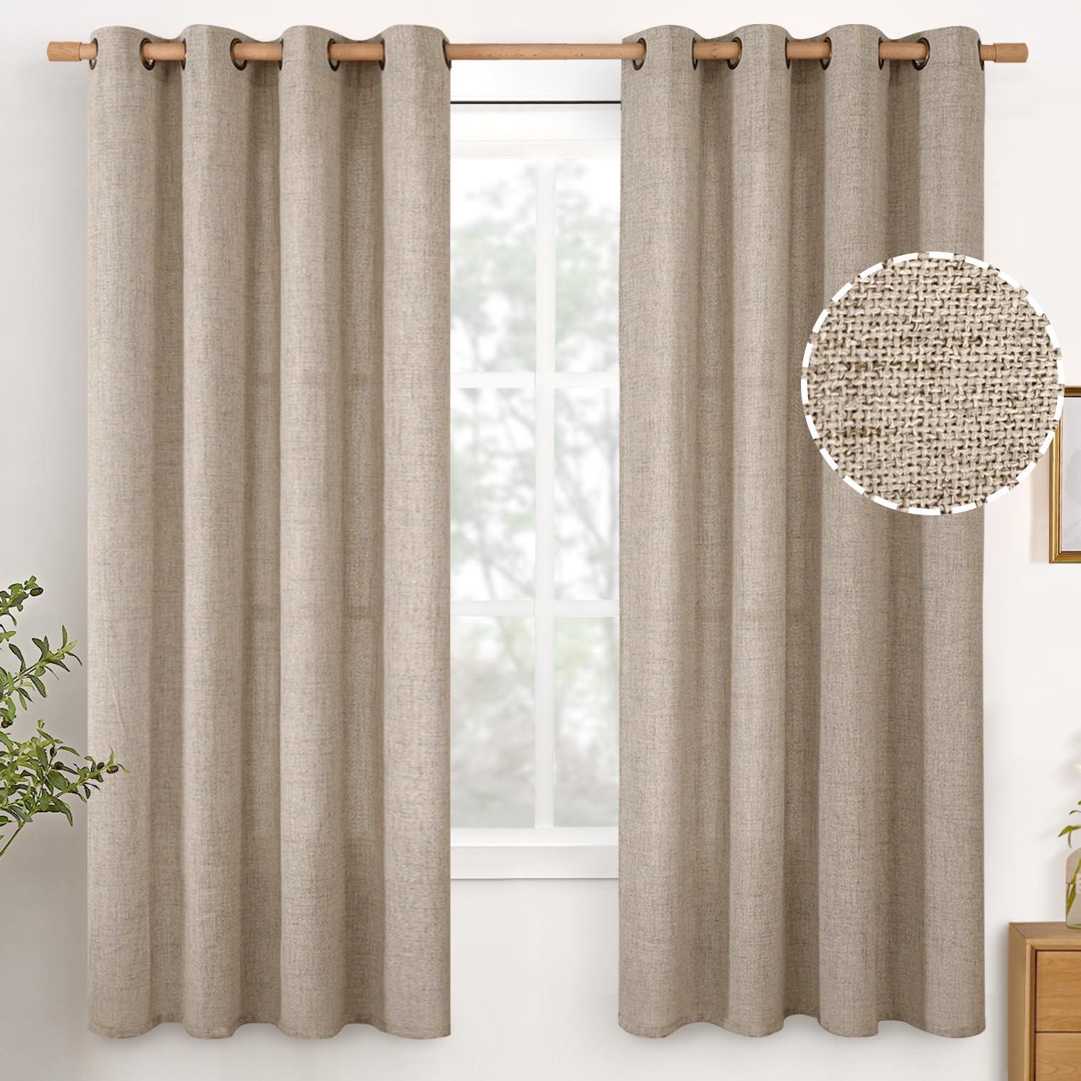 YoungsTex Linen Semi Sheer Curtains 63 Inch Length 2 Panels for Living Room - Light Filtering Drapes with Bronze Grommet Beige Window Treatments for Country Office Bedroom, 52 X 63 Inch