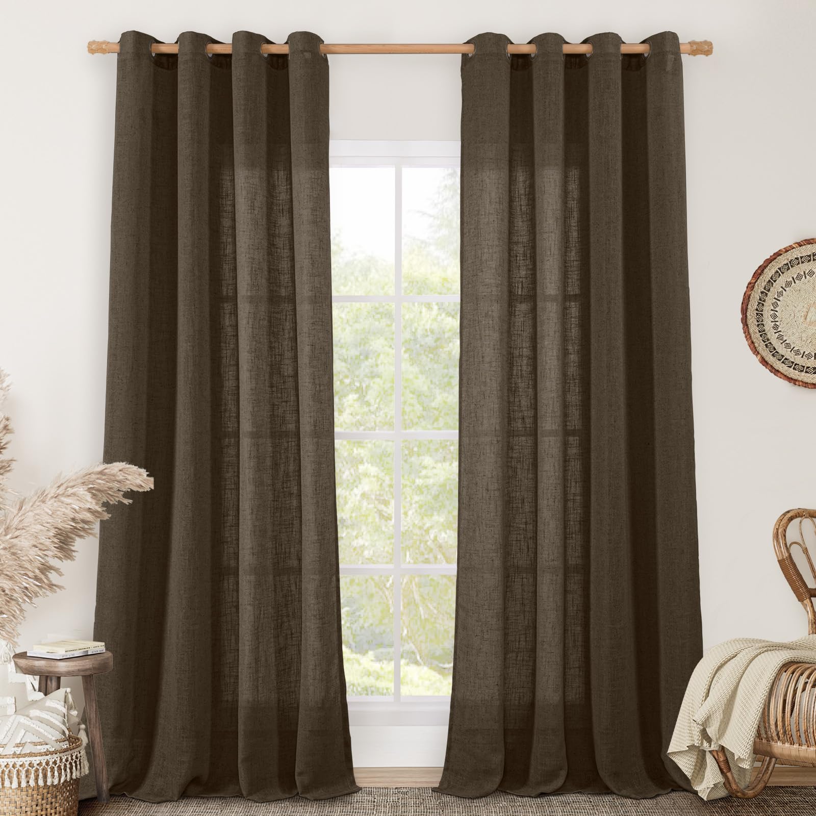 LAMIT Natural Ivory Linen Semi Sheer Curtains 84 inch Length, Cream Light Filtering Soft Thick Neutral Living Room Drapes with Bronze Grommet for Bedroom/Farmhouse, 2 Panels, 52 x 84 Inch