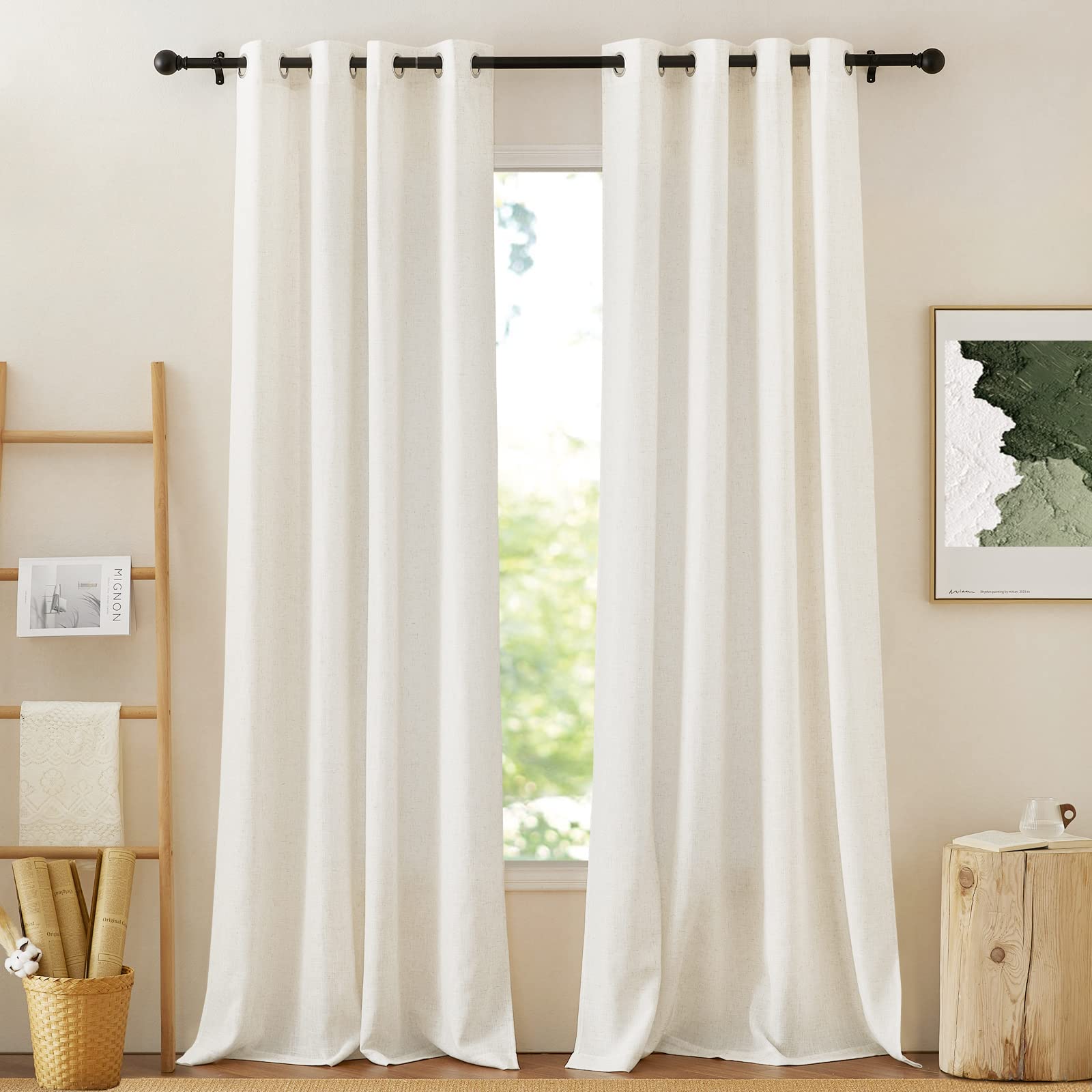NICETOWN Semi Sheer Linen Curtains for Bedroom 84 inches Long, Grommet Privacy Vertical Farmhouse Window with Light Filtering for Living Room, Natural, W52 x L84, 2 Pieces