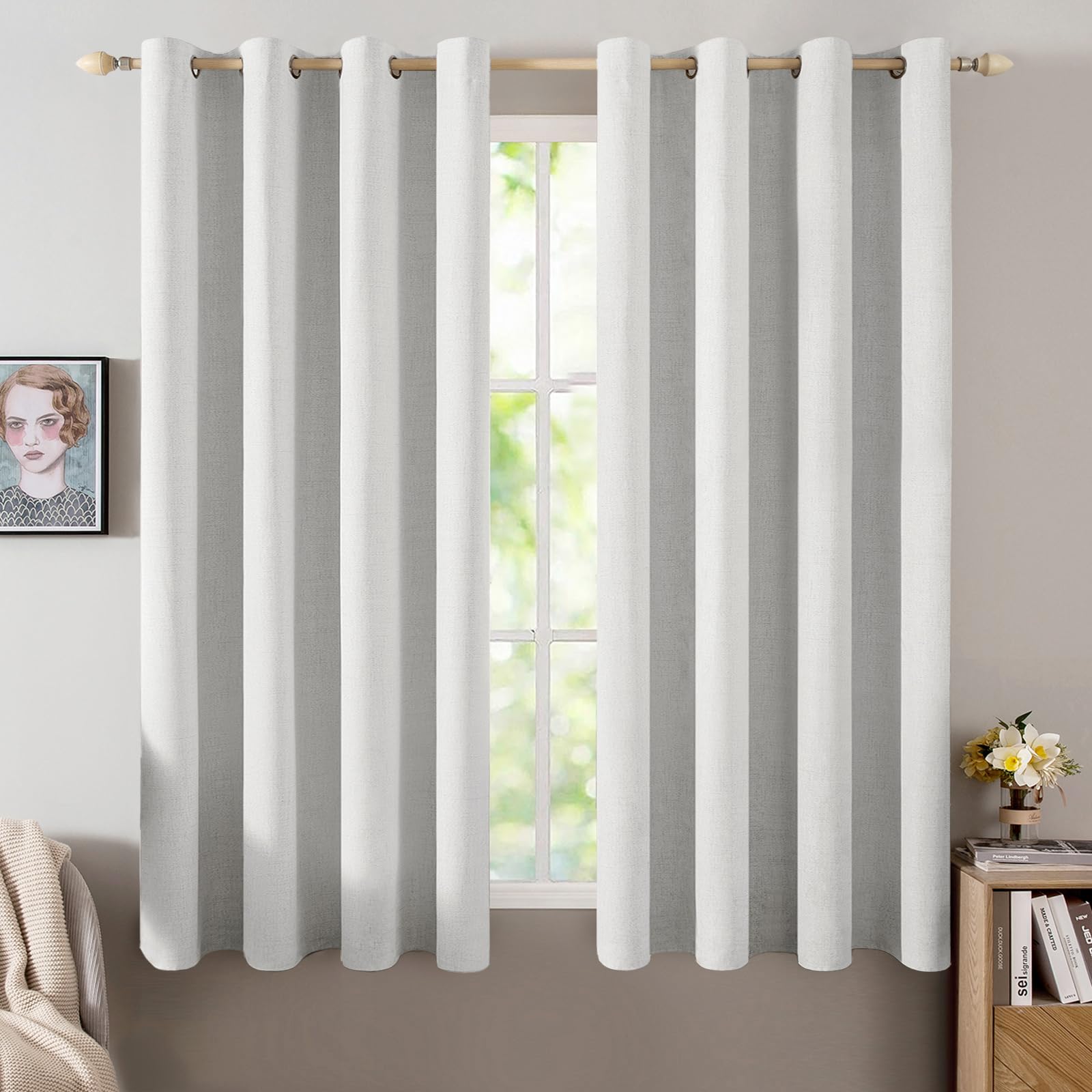 MIULEE 100% Blackout Linen Textured Curtains for Bedroom Solid Thermal Insulated Natural Beige Grommet Room Darkening Curtains & Drapes Luxury Decor for Living Room Nursery 52 x 96 Inch (2 Panels)
