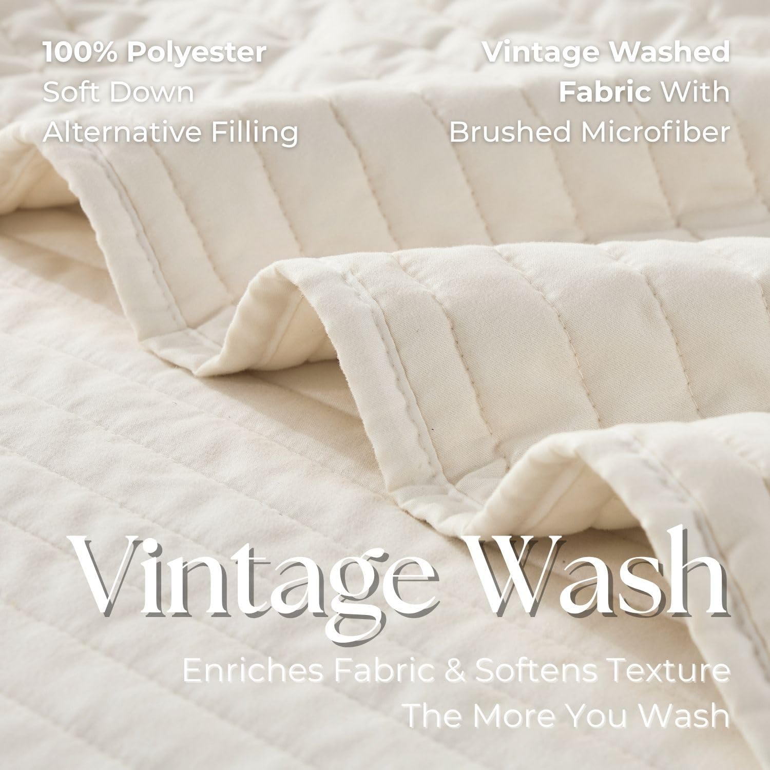 DOWN HOME Queen Quilt Bedding Set with Shams, Vintage Washed Soft Quilted Blanket Thin Comforter Lightweight Bedspread Coverlet Bed Cover, Brushed Microfiber Stripe Stitching, Linen White, 86"x90"