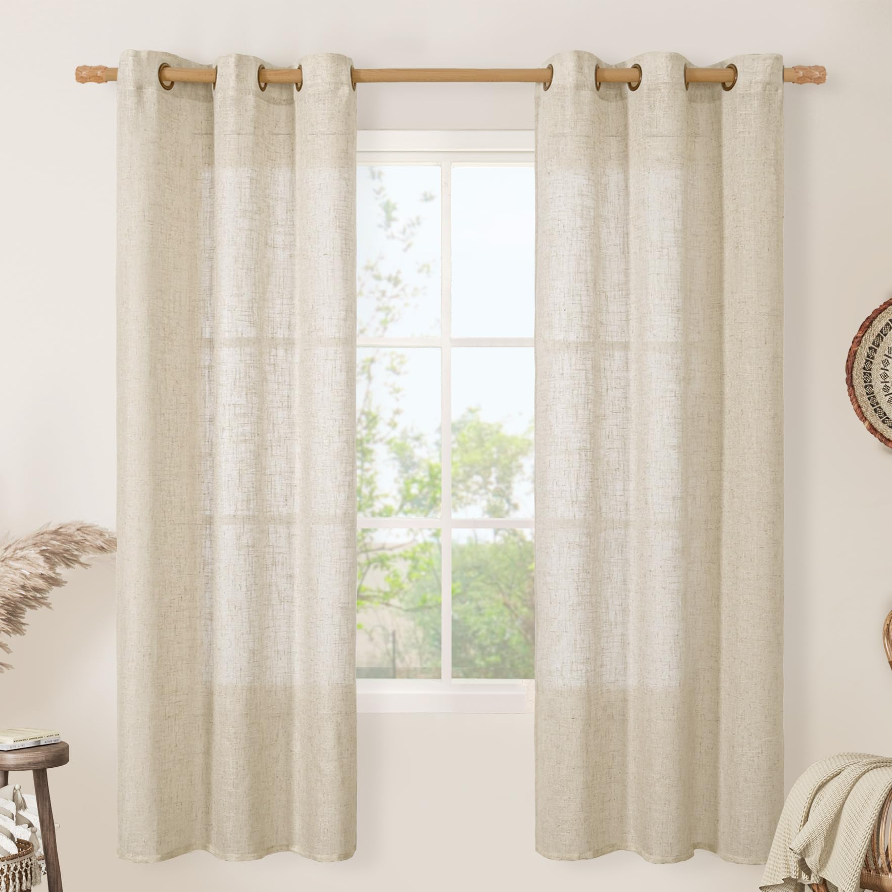 LAMIT Natural Ivory Linen Semi Sheer Curtains 84 inch Length, Cream Light Filtering Soft Thick Neutral Living Room Drapes with Bronze Grommet for Bedroom/Farmhouse, 2 Panels, 52 x 84 Inch
