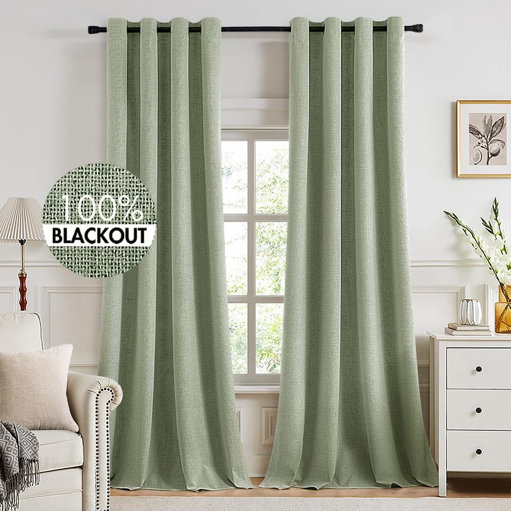 MIULEE 100% Blackout Linen Textured Curtains for Bedroom Solid Thermal Insulated Cream Grommet Room Darkening Curtains & Drapes Luxury Decor for Living Room Nursery 52 x 84 Inch (2 Panels)