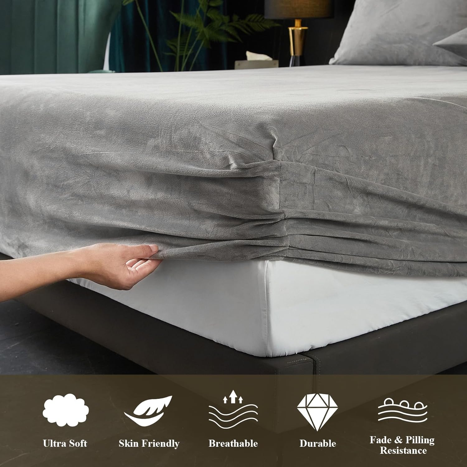 Ivellow Velvet Fitted Sheet Queen Size, 1 Pack Luxury Flannel Bed Sheets with 18” Extra Deep Pocket Queen Fitted Sheet Only Extra Soft Cozy Comfy Warmth Plush Grey Velvet Bottom Sheets No Pillowcases