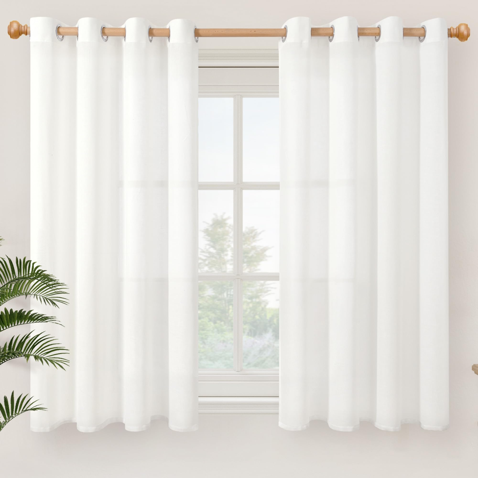 YoungsTex Linen Semi Sheer Curtains 63 Inch Length 2 Panels for Living Room - Light Filtering Drapes with Bronze Grommet Beige Window Treatments for Country Office Bedroom, 52 X 63 Inch