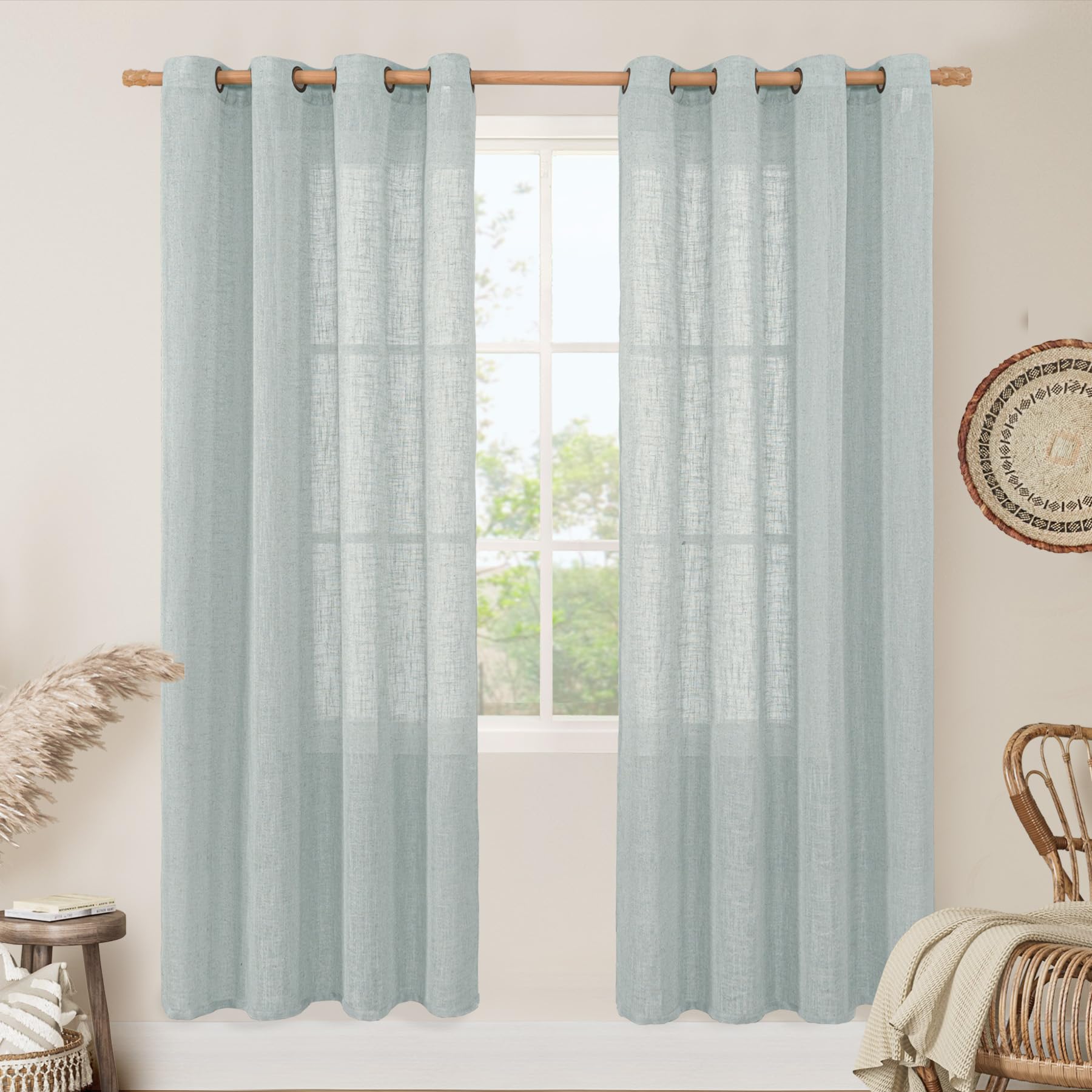 LAMIT Natural Ivory Linen Semi Sheer Curtains 84 inch Length, Cream Light Filtering Soft Thick Neutral Living Room Drapes with Bronze Grommet for Bedroom/Farmhouse, 2 Panels, 52 x 84 Inch