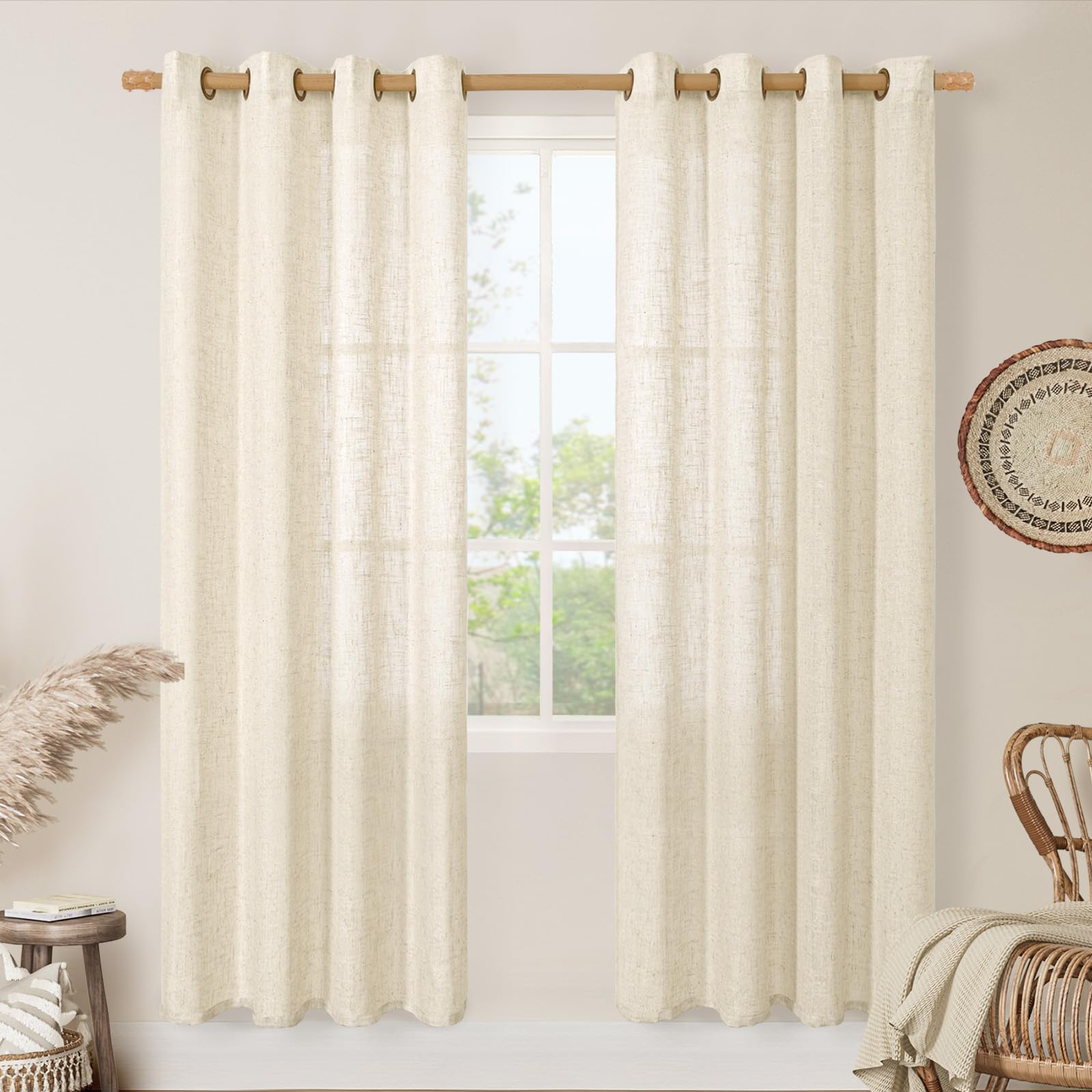 LAMIT Natural Ivory Linen Semi Sheer Curtains 84 inch Length, Cream Light Filtering Soft Thick Neutral Living Room Drapes with Bronze Grommet for Bedroom/Farmhouse, 2 Panels, 52 x 84 Inch