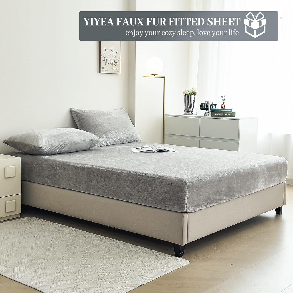 YIYEA Fleece Fitted Sheet Only, Ultra Soft Fluffy Plush Velvet Deep Pocket Fitted Bottom Sheet for Fall Winter, Cozy Warmth and No Shedding, Light Gray, Queen
