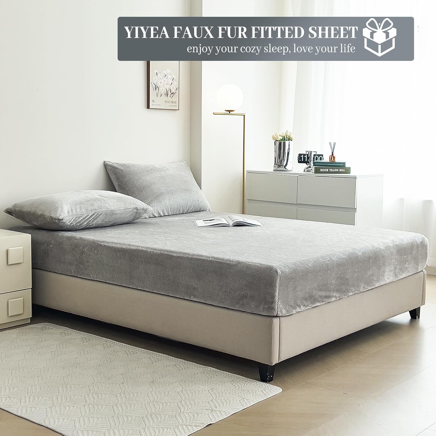 YIYEA Fleece Fitted Sheet Only, Ultra Soft Fluffy Plush Velvet Deep Pocket Fitted Bottom Sheet for Fall Winter, Cozy Warmth and No Shedding, Light Gray, Queen