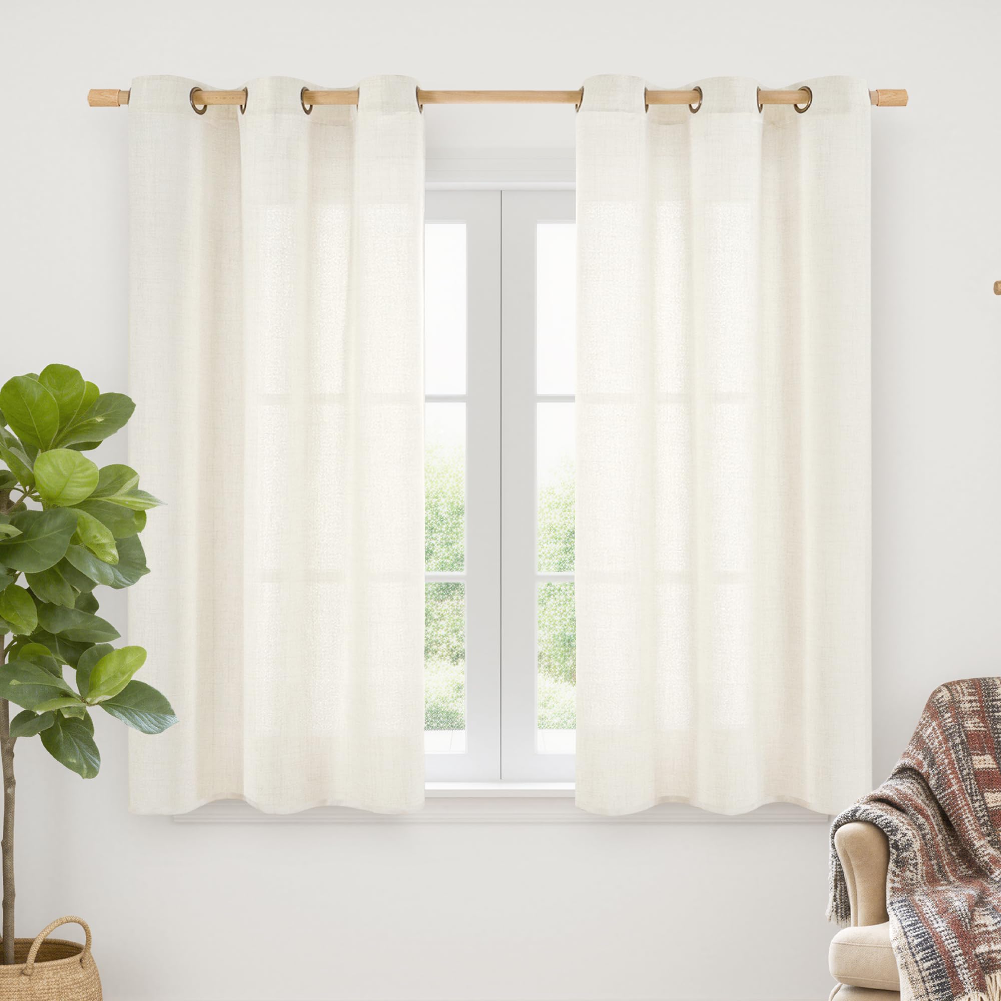 YoungsTex Linen Semi Sheer Curtains 63 Inch Length 2 Panels for Living Room - Light Filtering Drapes with Bronze Grommet Beige Window Treatments for Country Office Bedroom, 52 X 63 Inch