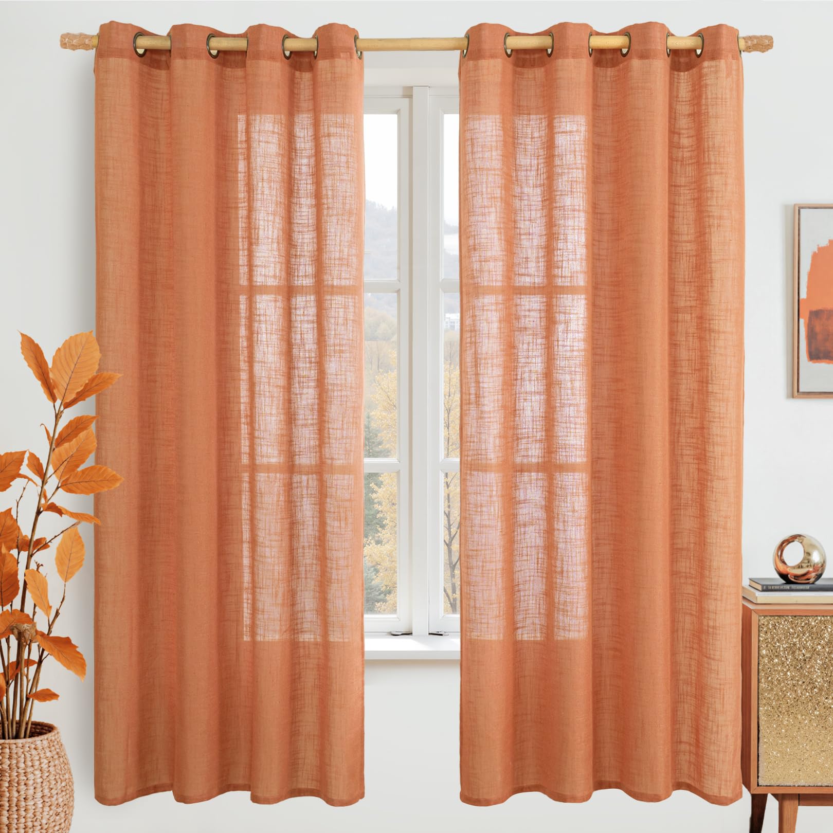 LAMIT Natural Ivory Linen Semi Sheer Curtains 84 inch Length, Cream Light Filtering Soft Thick Neutral Living Room Drapes with Bronze Grommet for Bedroom/Farmhouse, 2 Panels, 52 x 84 Inch