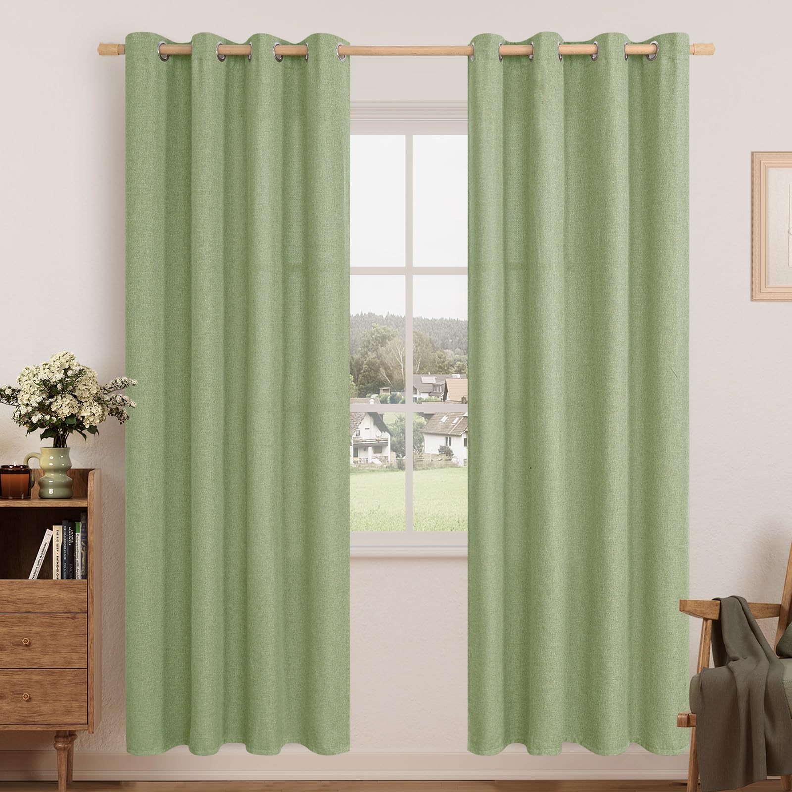 LAMIT Linen Curtains 84 inch Length 2 Panels, Grommet Thick Soft Light Filtering Curtains Privacy Living Room Window Drapes for Bedroom/Farmhouse, W52 x L84, Natural Beige