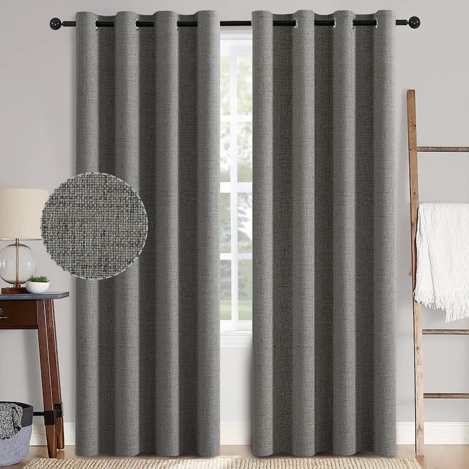 MIULEE 100% Blackout Linen Textured Curtains for Bedroom Solid Thermal Insulated Natural Beige Grommet Room Darkening Curtains & Drapes Luxury Decor for Living Room Nursery 52 x 96 Inch (2 Panels)