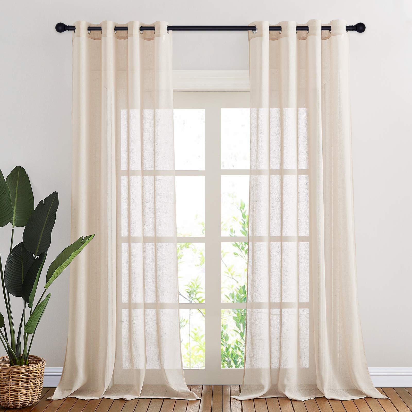 NICETOWN Semi Sheer Linen Curtains for Bedroom 84 inches Long, Grommet Privacy Vertical Farmhouse Window with Light Filtering for Living Room, Natural, W52 x L84, 2 Pieces