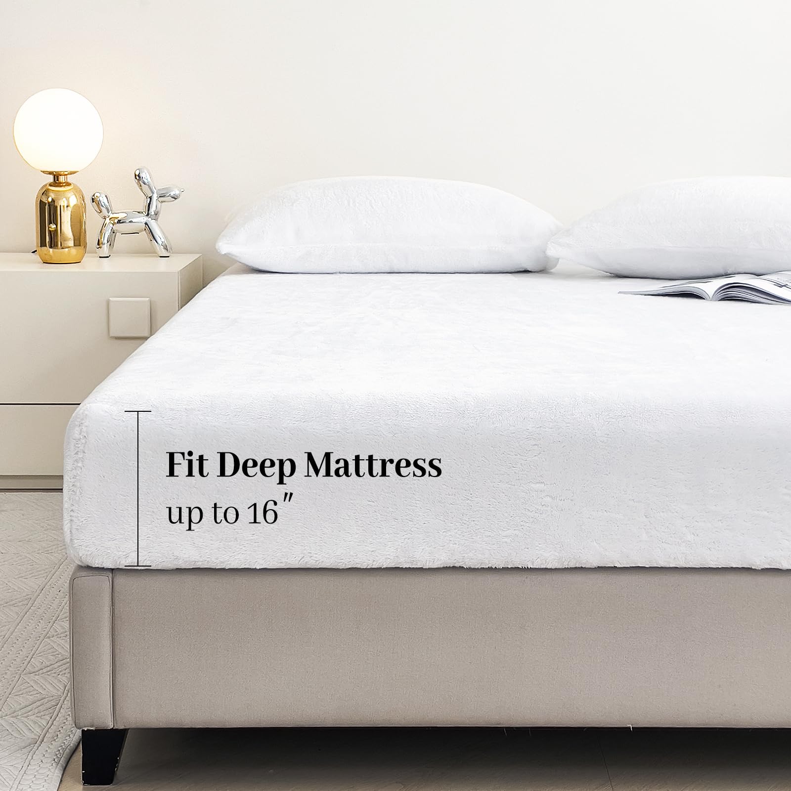 YIYEA Fleece Fitted Sheet Only, Ultra Soft Fluffy Plush Velvet Deep Pocket Fitted Bottom Sheet for Fall Winter, Cozy Warmth and No Shedding, Light Gray, Queen