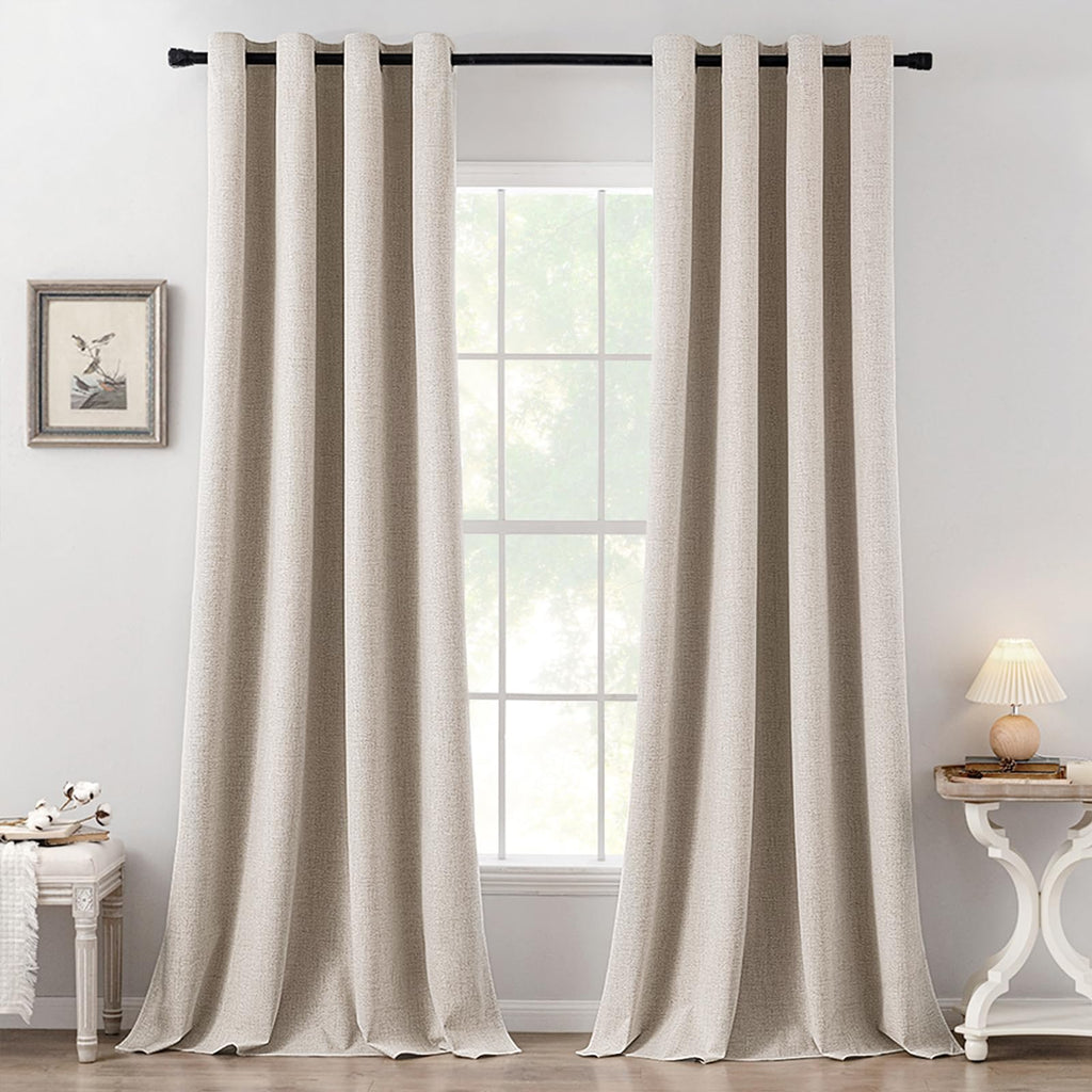 MIULEE 100% Blackout Linen Textured Curtains for Bedroom Solid Thermal Insulated Cream Grommet Room Darkening Curtains & Drapes Luxury Decor for Living Room Nursery 52 x 84 Inch (2 Panels)