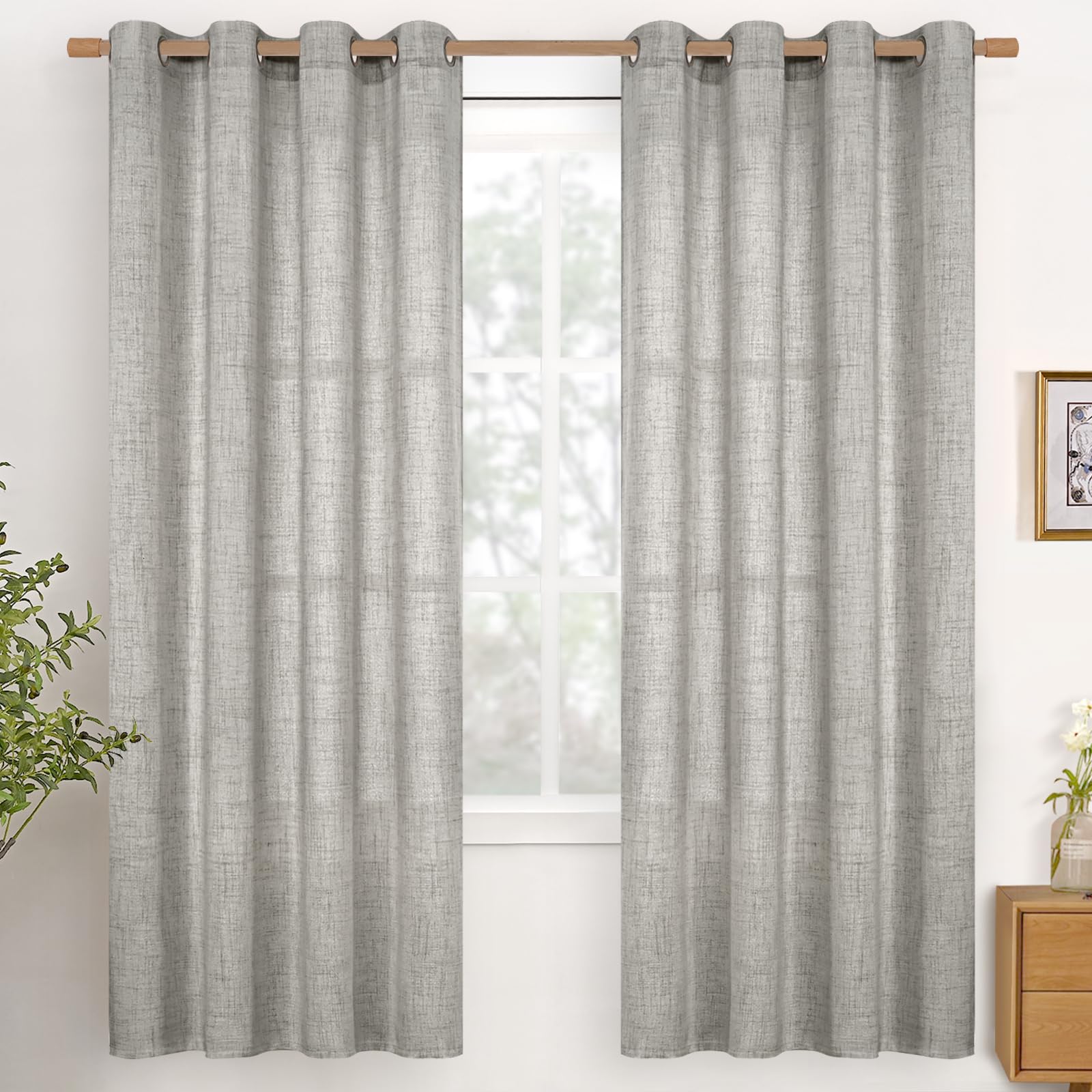 YoungsTex Linen Semi Sheer Curtains 63 Inch Length 2 Panels for Living Room - Light Filtering Drapes with Bronze Grommet Beige Window Treatments for Country Office Bedroom, 52 X 63 Inch