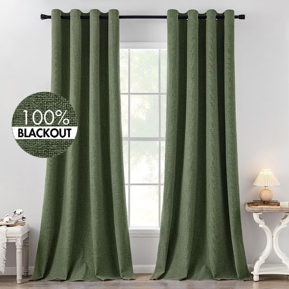MIULEE 100% Blackout Linen Textured Curtains for Bedroom Solid Thermal Insulated Cream Grommet Room Darkening Curtains & Drapes Luxury Decor for Living Room Nursery 52 x 84 Inch (2 Panels)
