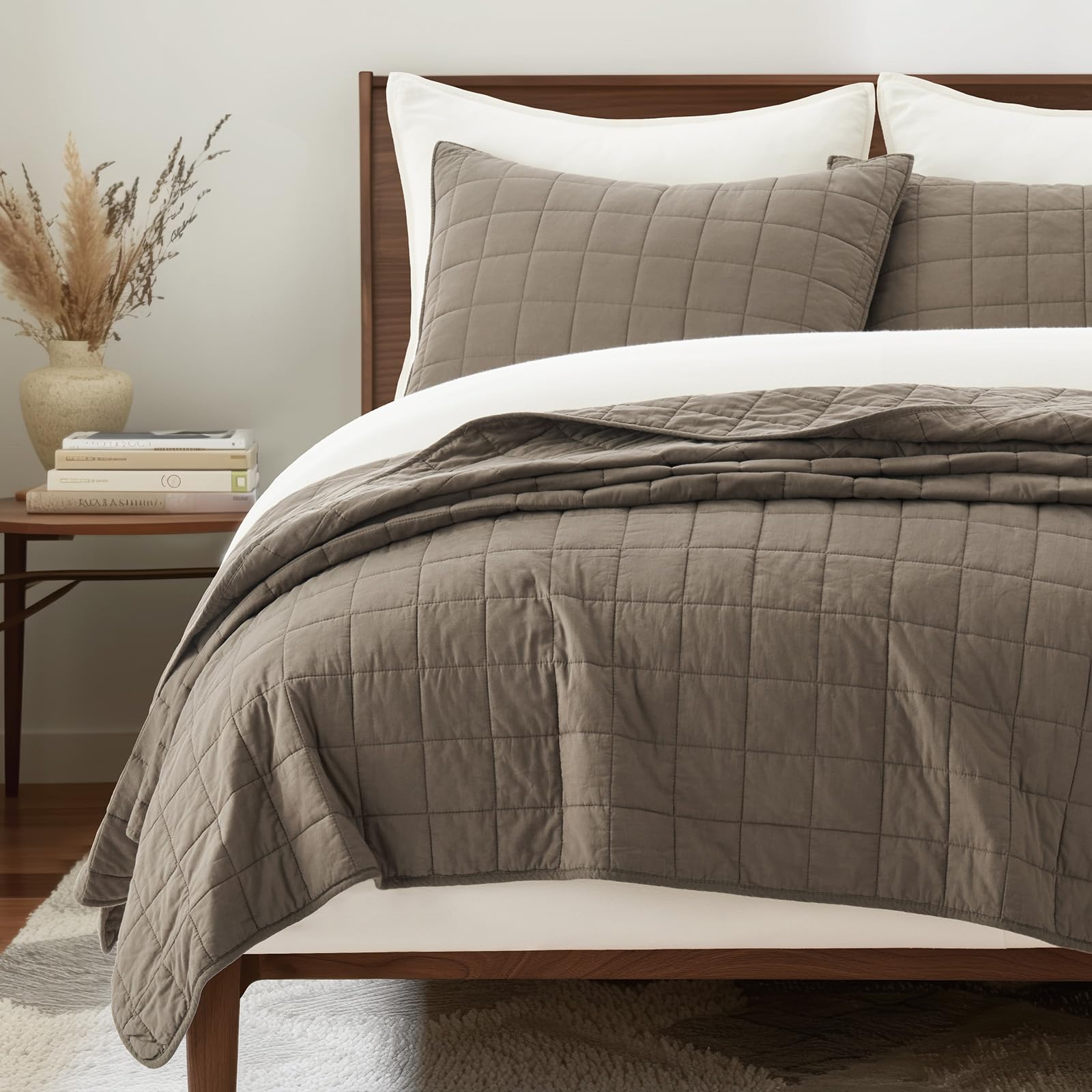 EVERGRACEHOME 100% Cotton Box Stitch Quilt Bedding Set Queen Size 3 Pieces, Garment-Washed Lightweight Soft Cozy Coverlet, Quilted Bedspread Sets with 2 Shams for All Season, Blue Linen | Box Stitch Design, 100% Cotton, Soft, Oversized, Pre Washed, Oeko-T