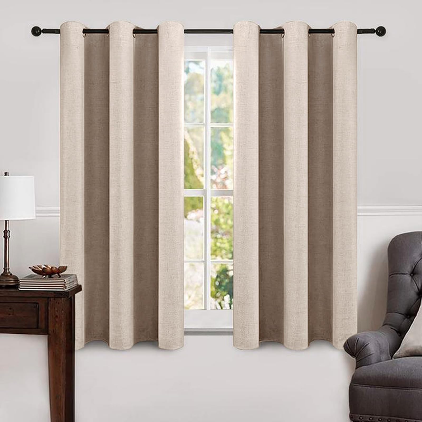 MIULEE 100% Blackout Linen Textured Curtains for Bedroom Solid Thermal Insulated Natural Beige Grommet Room Darkening Curtains & Drapes Luxury Decor for Living Room Nursery 52 x 96 Inch (2 Panels)