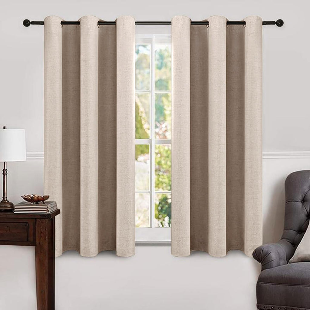 MIULEE 100% Blackout Linen Textured Curtains for Bedroom Solid Thermal Insulated Cream Grommet Room Darkening Curtains & Drapes Luxury Decor for Living Room Nursery 52 x 84 Inch (2 Panels)