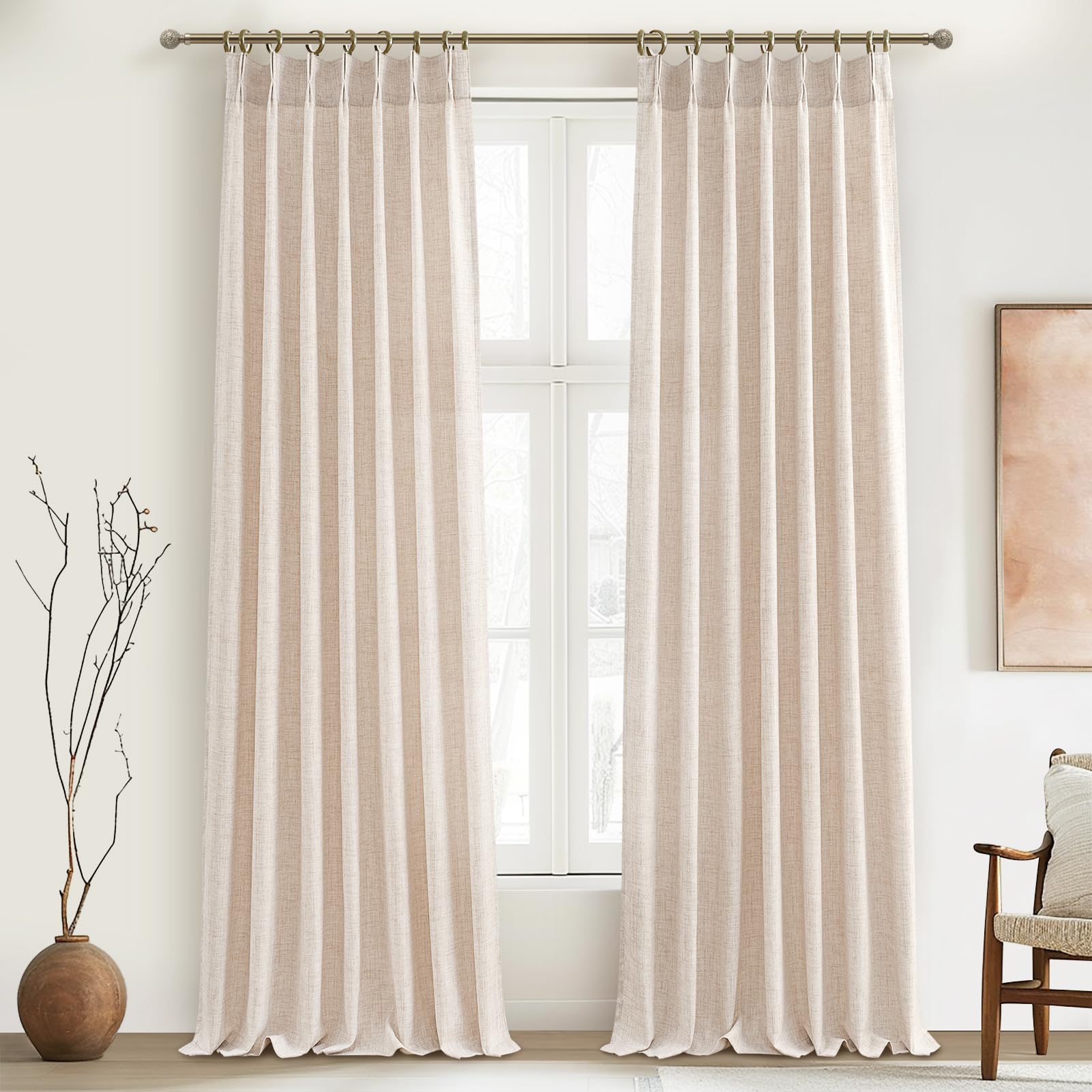 Pinch Pleated Linen Curtains 96 Inches Long for Living Room Bedroom, Light Filtering Boho Window Drape 96 inch 2 Panels Burgs with Hooks&Rings 8ft Cream Birch Sliding Glass Door Sheer Curtain Decor