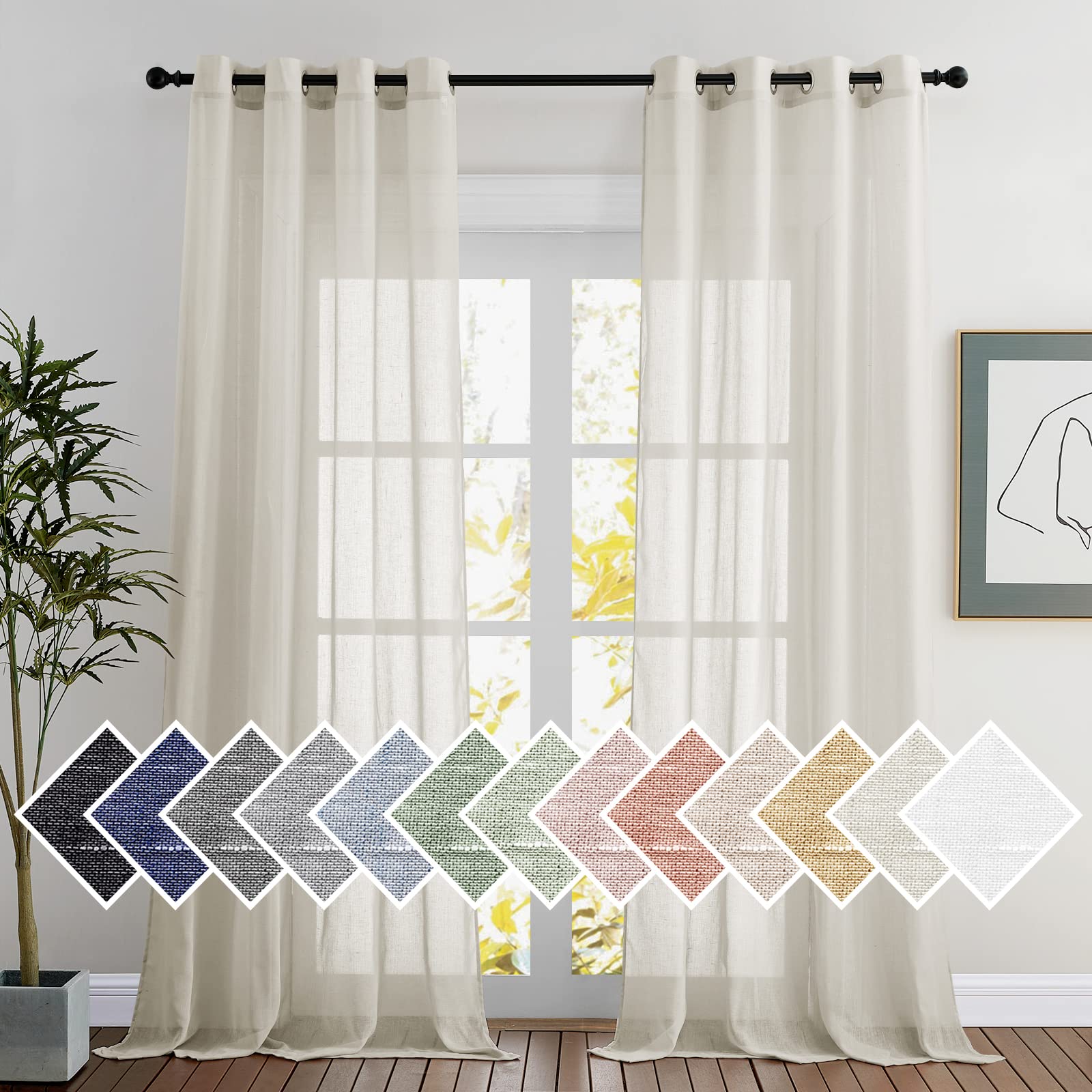 NICETOWN Semi Sheer Linen Curtains for Bedroom 84 inches Long, Grommet Privacy Vertical Farmhouse Window with Light Filtering for Living Room, Natural, W52 x L84, 2 Pieces